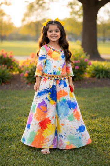 Kids Multicolor Satin Georgette Holi Special Co-ord Set