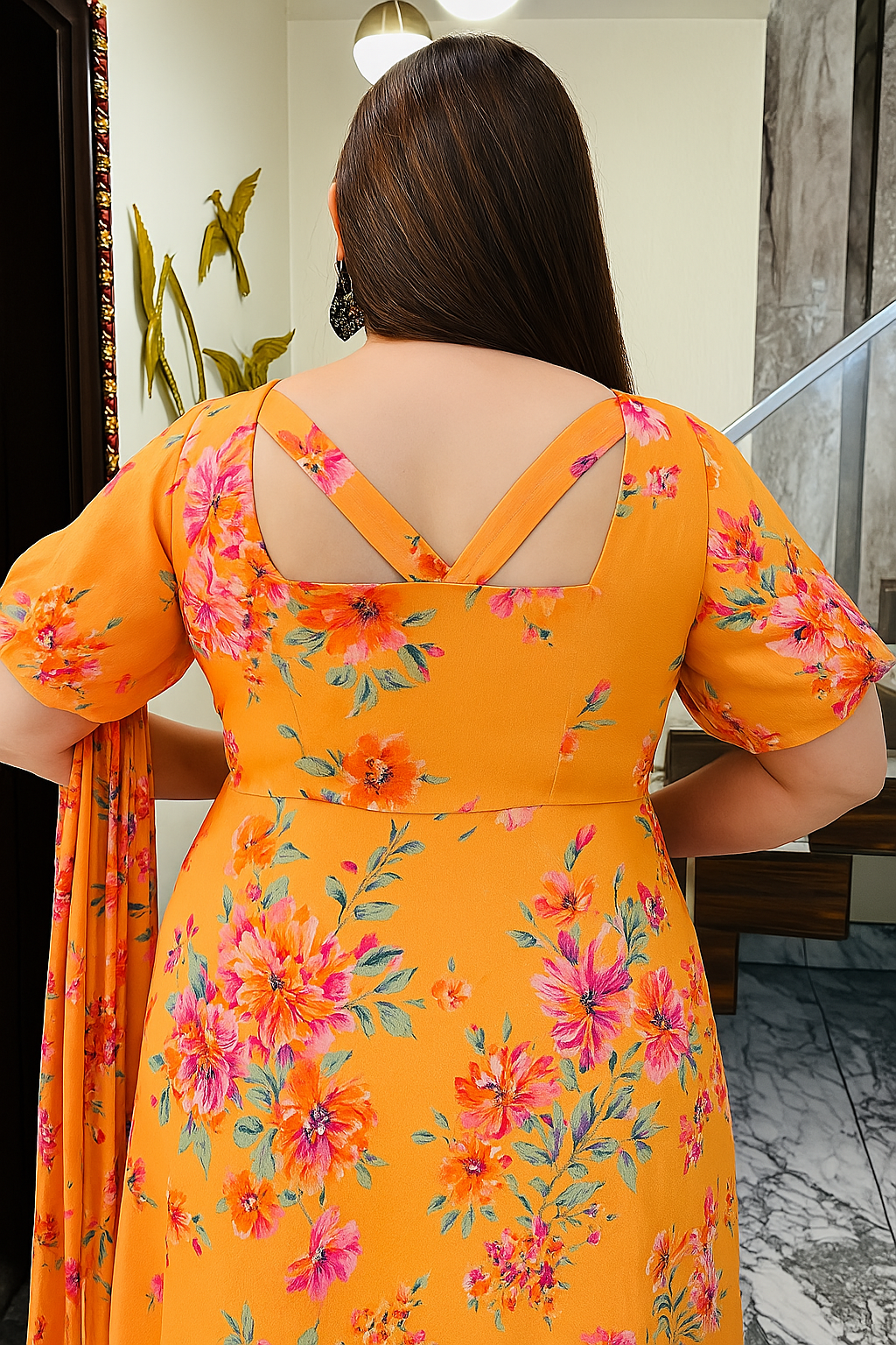 Orange Floral Print On Print Anarkali