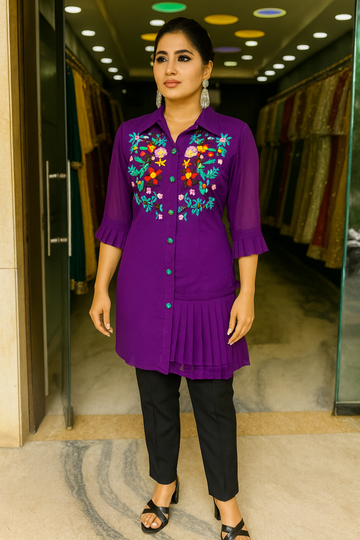 Purple Hand Embroidery Long Shirt