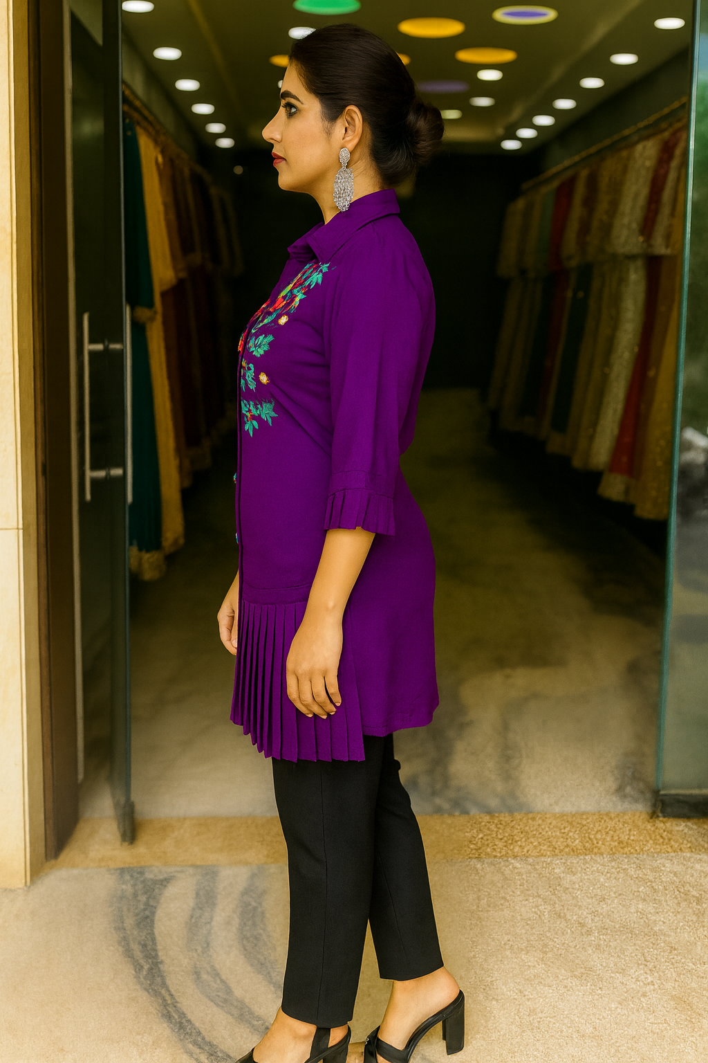 Purple Hand Embroidery Long Shirt