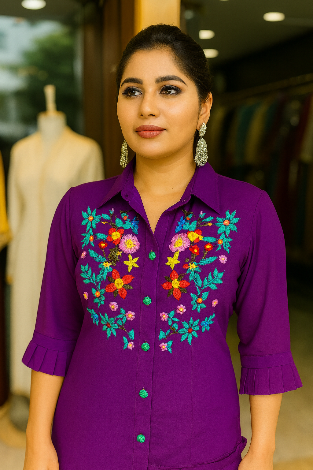 Purple Hand Embroidery Long Shirt