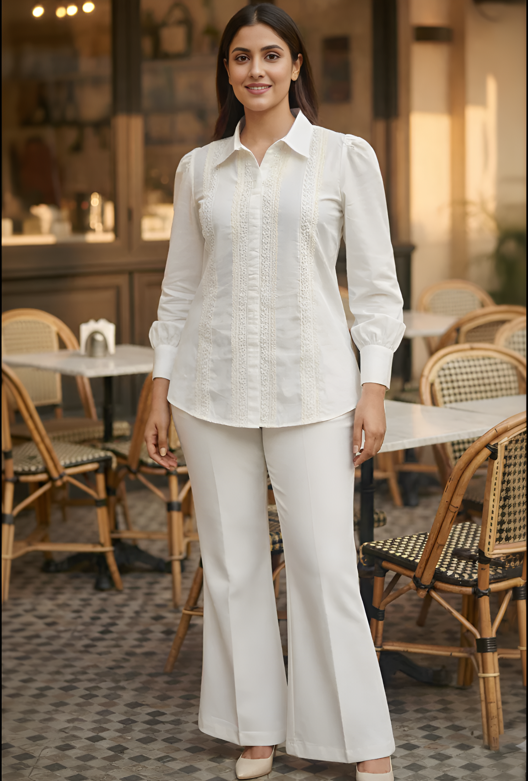 Woman in a white outfit standing in an outdoor cafe setting