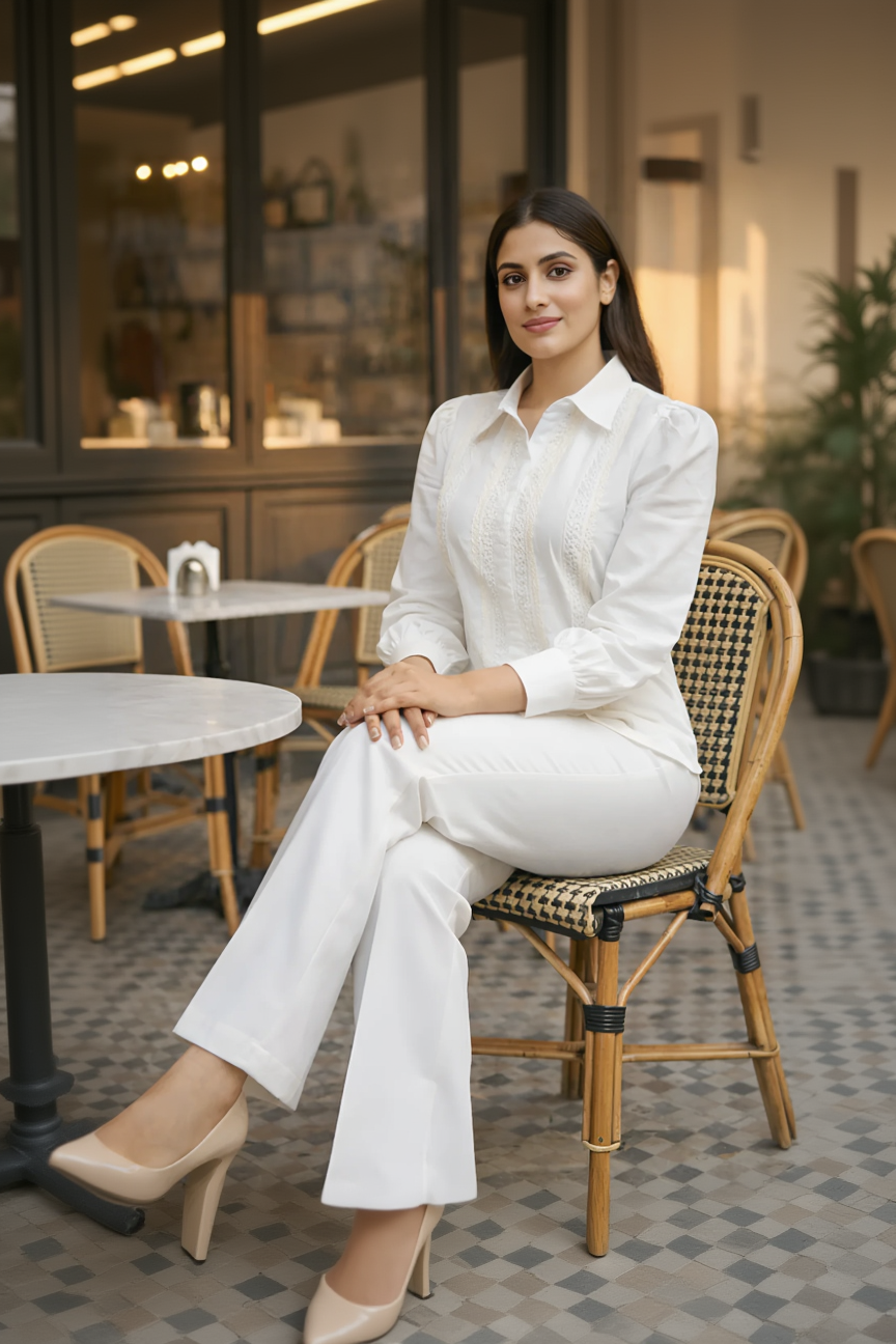 Woman in a white outfit sitting in a cafe.