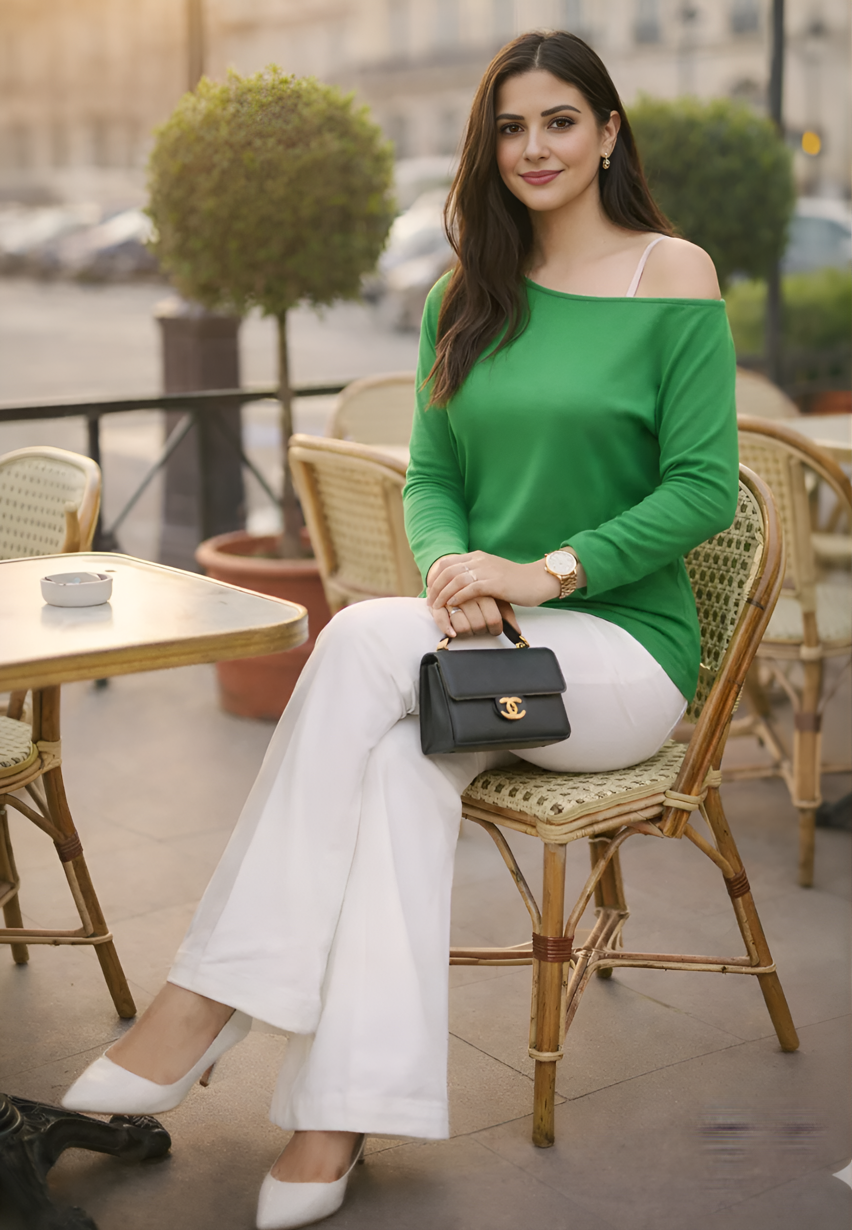 Woman in green top and white pants sitting on a chair outdoors.