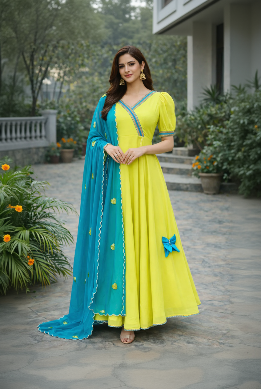 Woman wearing a yellow and blue traditional outfit with a matching dupatta outdoors.