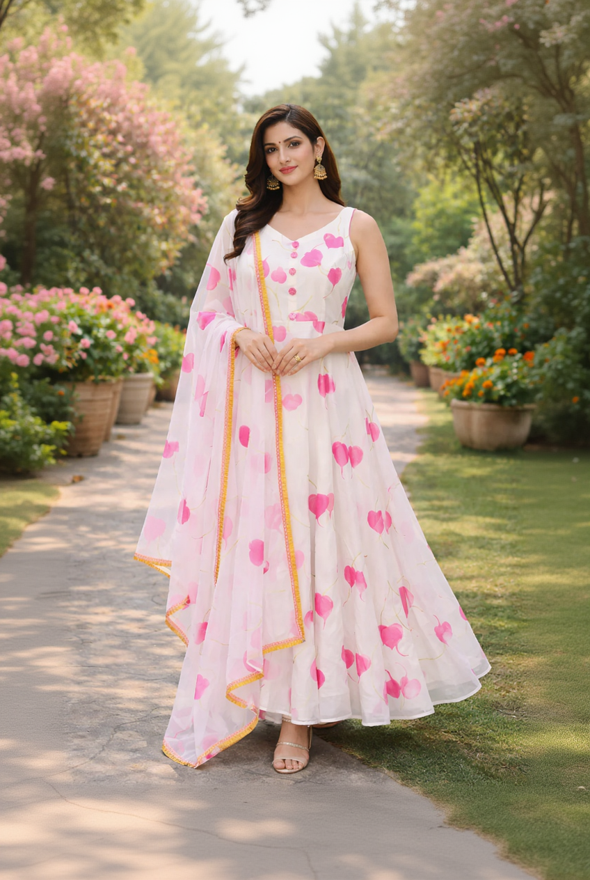 Woman in a white dress with pink floral patterns standing outdoors in a garden setting.