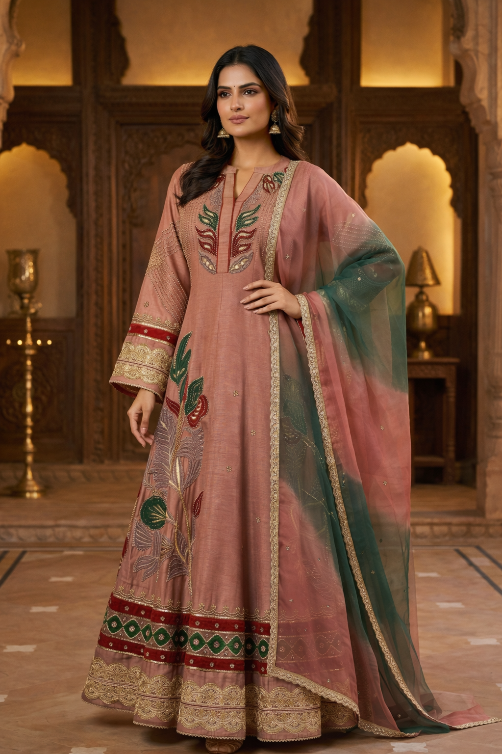 Dusty Rose Embroidered Georgette Anarkali Set