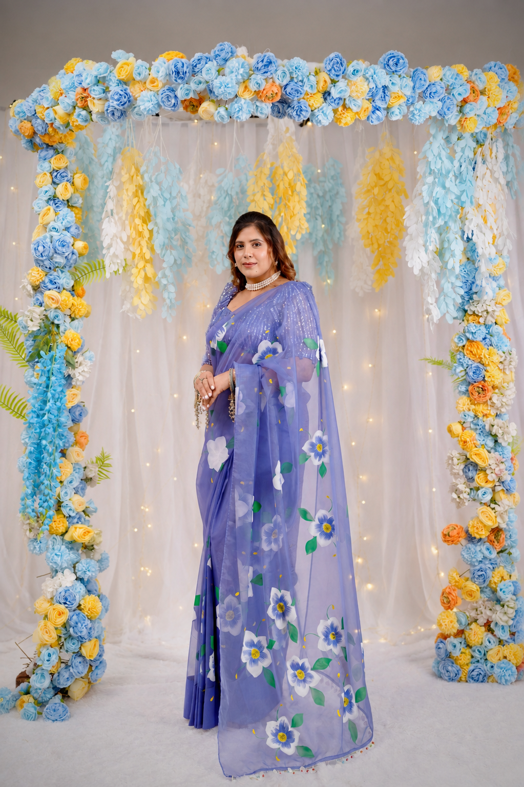 Blue Pea Handpainted Saree