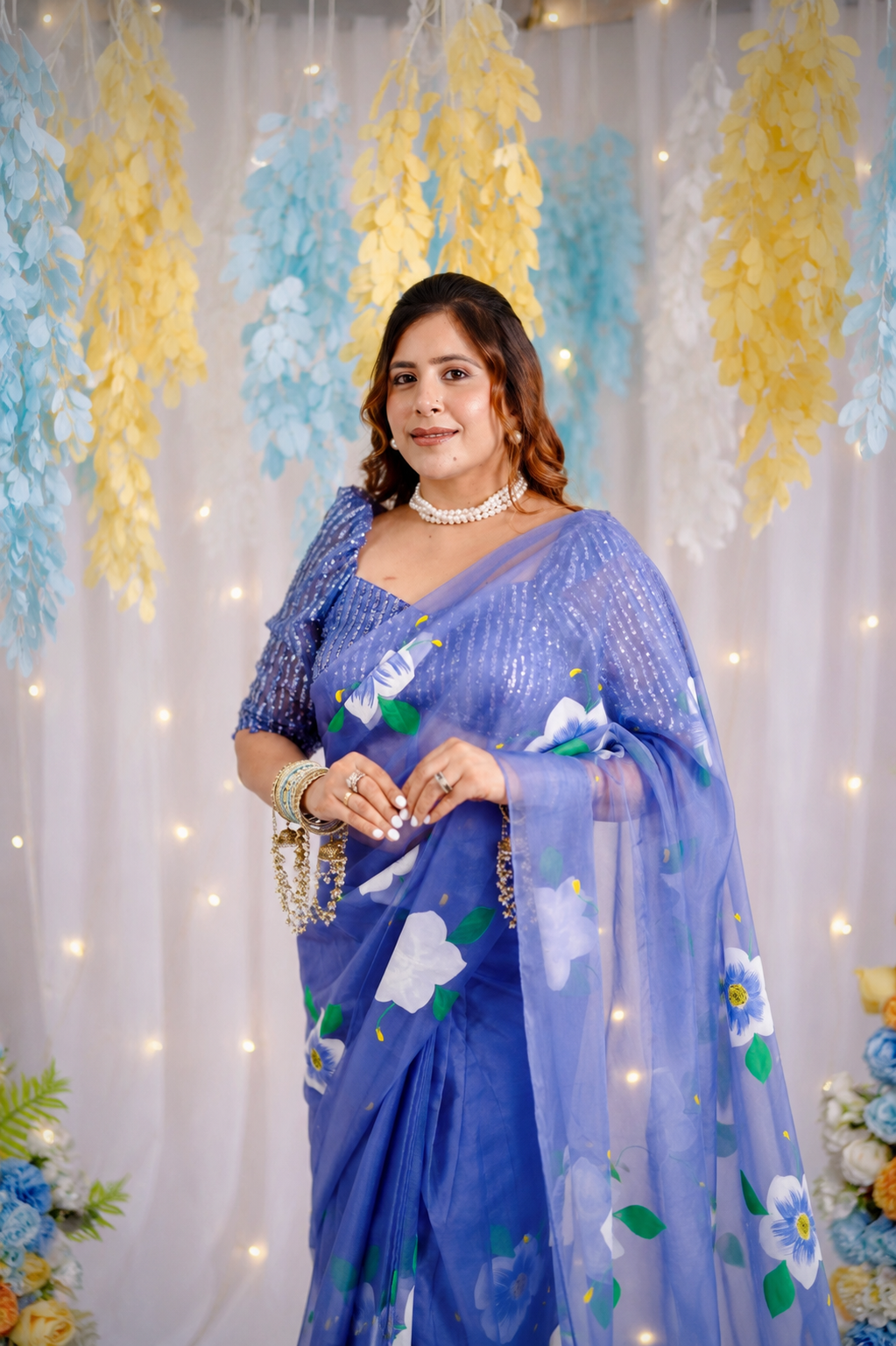 Blue Pea Handpainted Saree