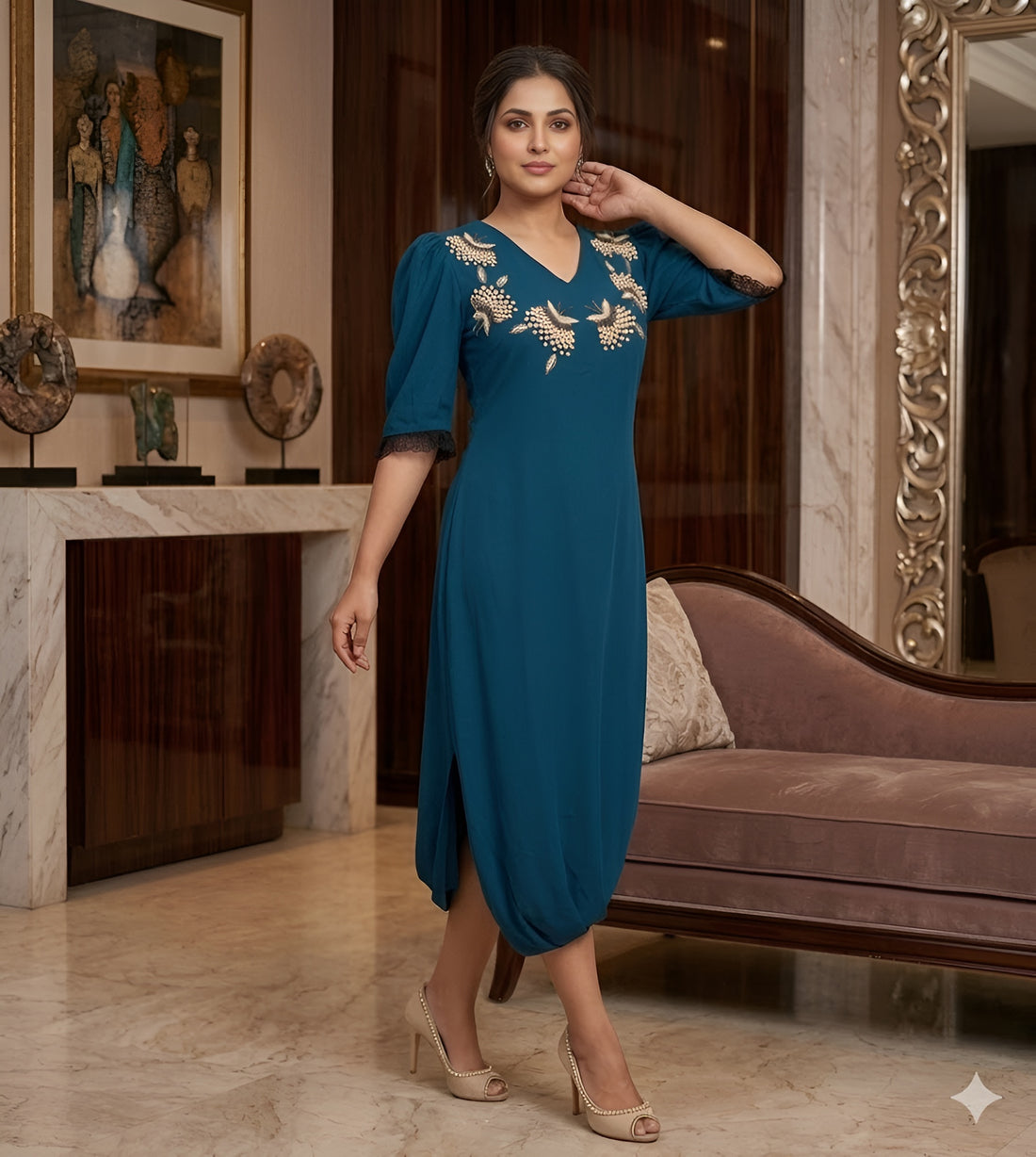 Teal Blue Embroidered Jumpsuit