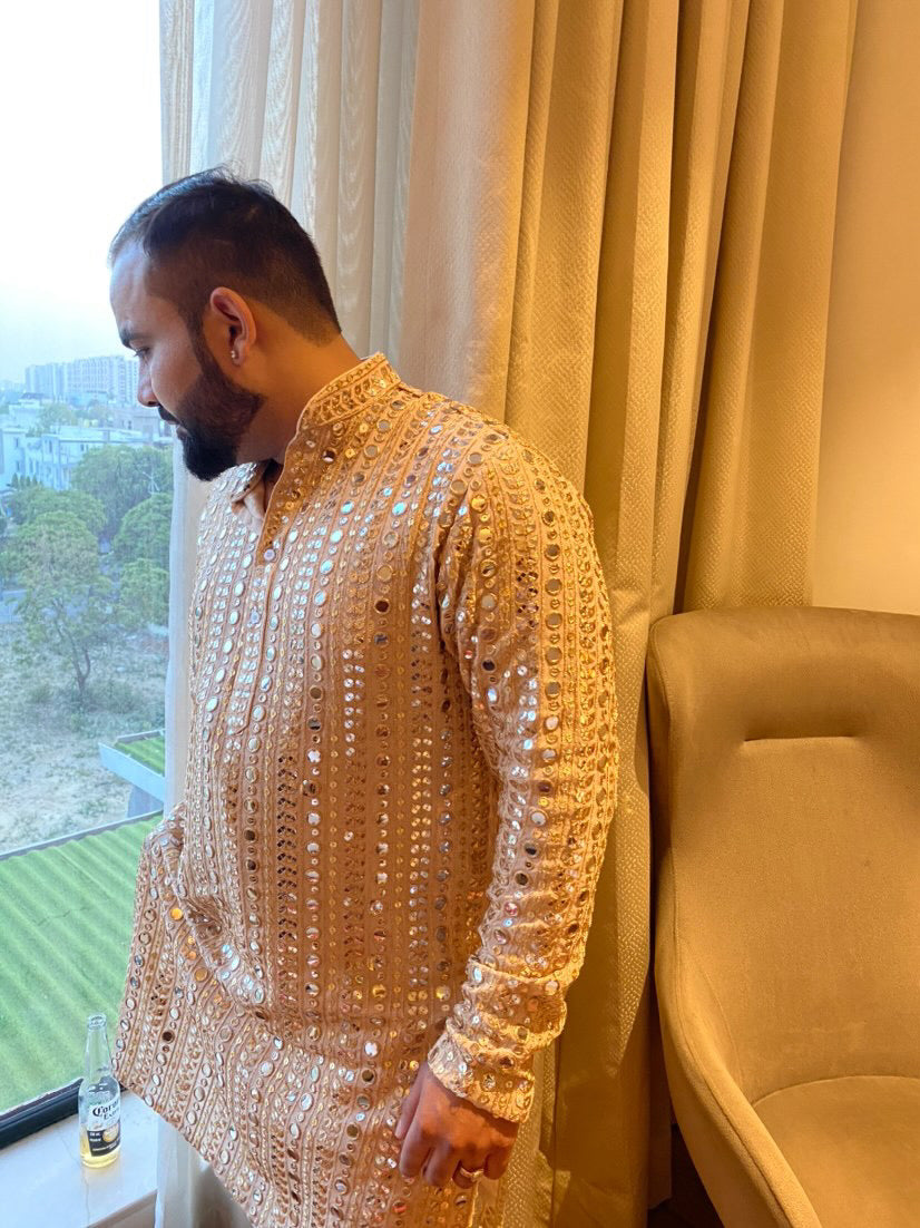 Menswear Beige Faux Mirror Kurta Set