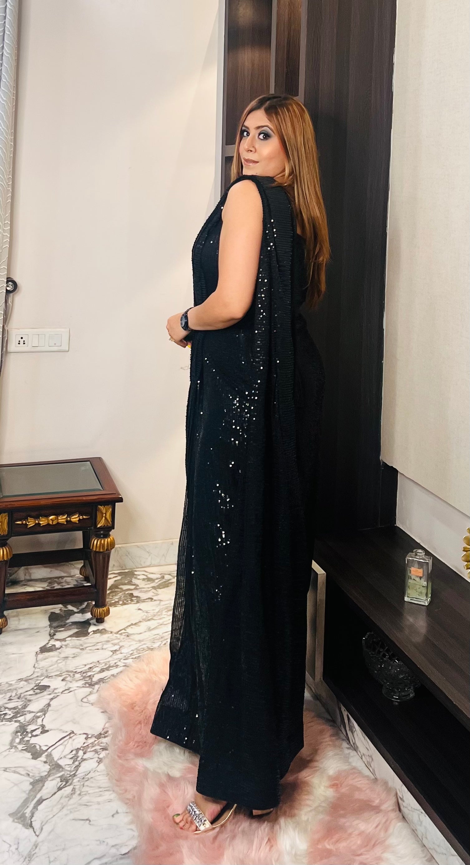 Black Sequin Saree Gown