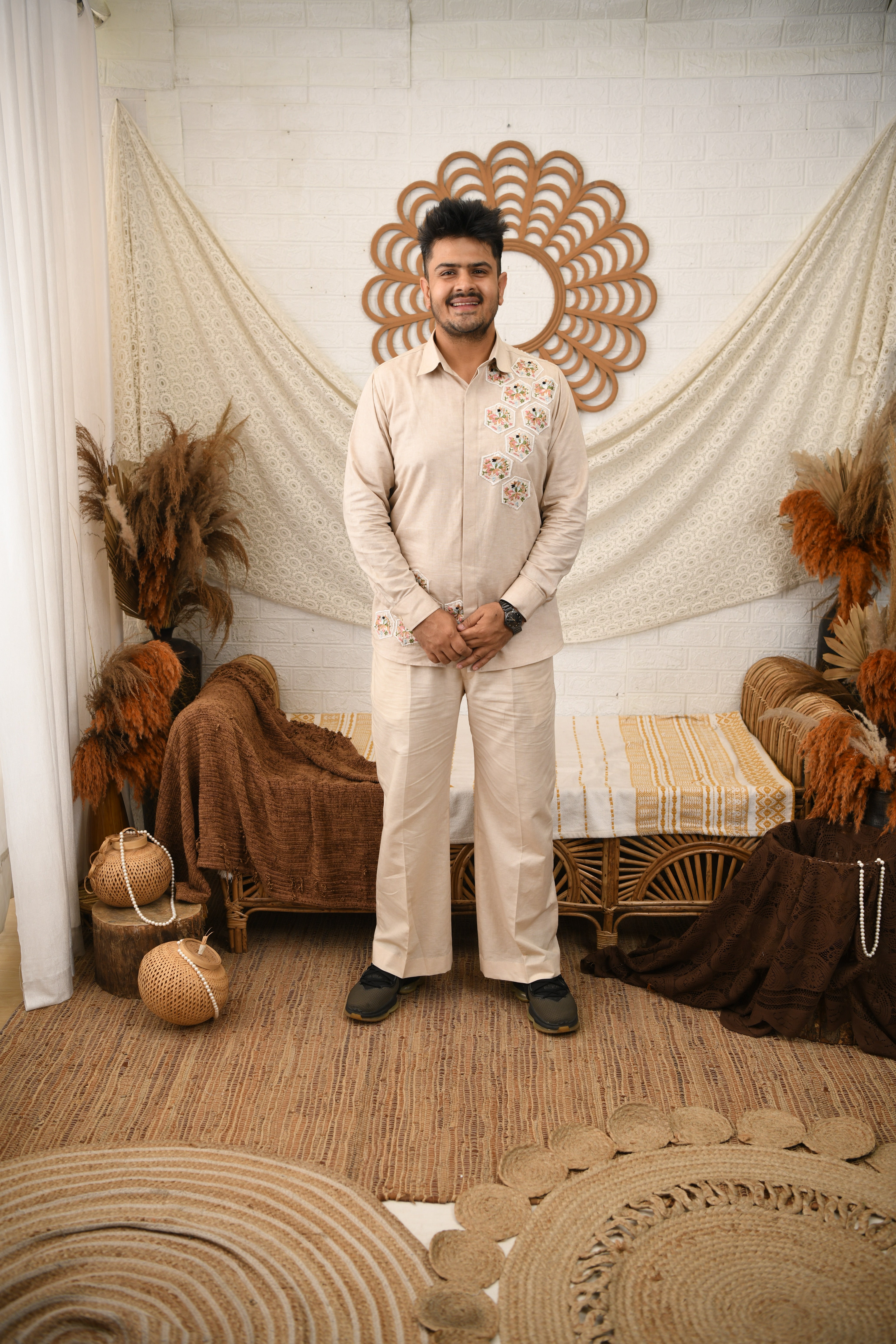 Beige Linen Embroidered Men's Co-ord Set