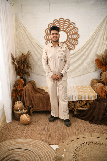 Beige Linen Embroidered Men's Co-ord Set
