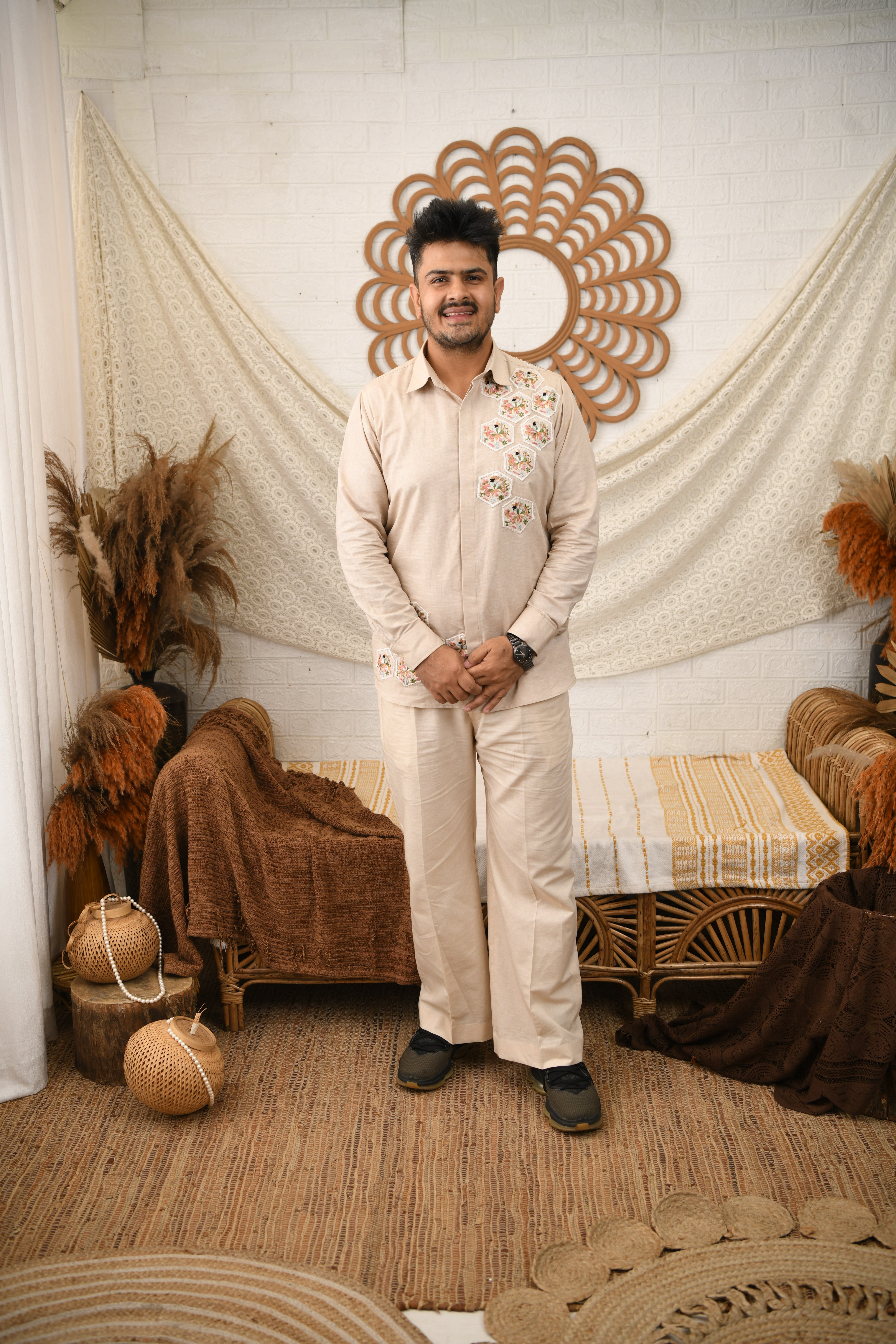 Beige Linen Embroidered Men's Co-ord Set