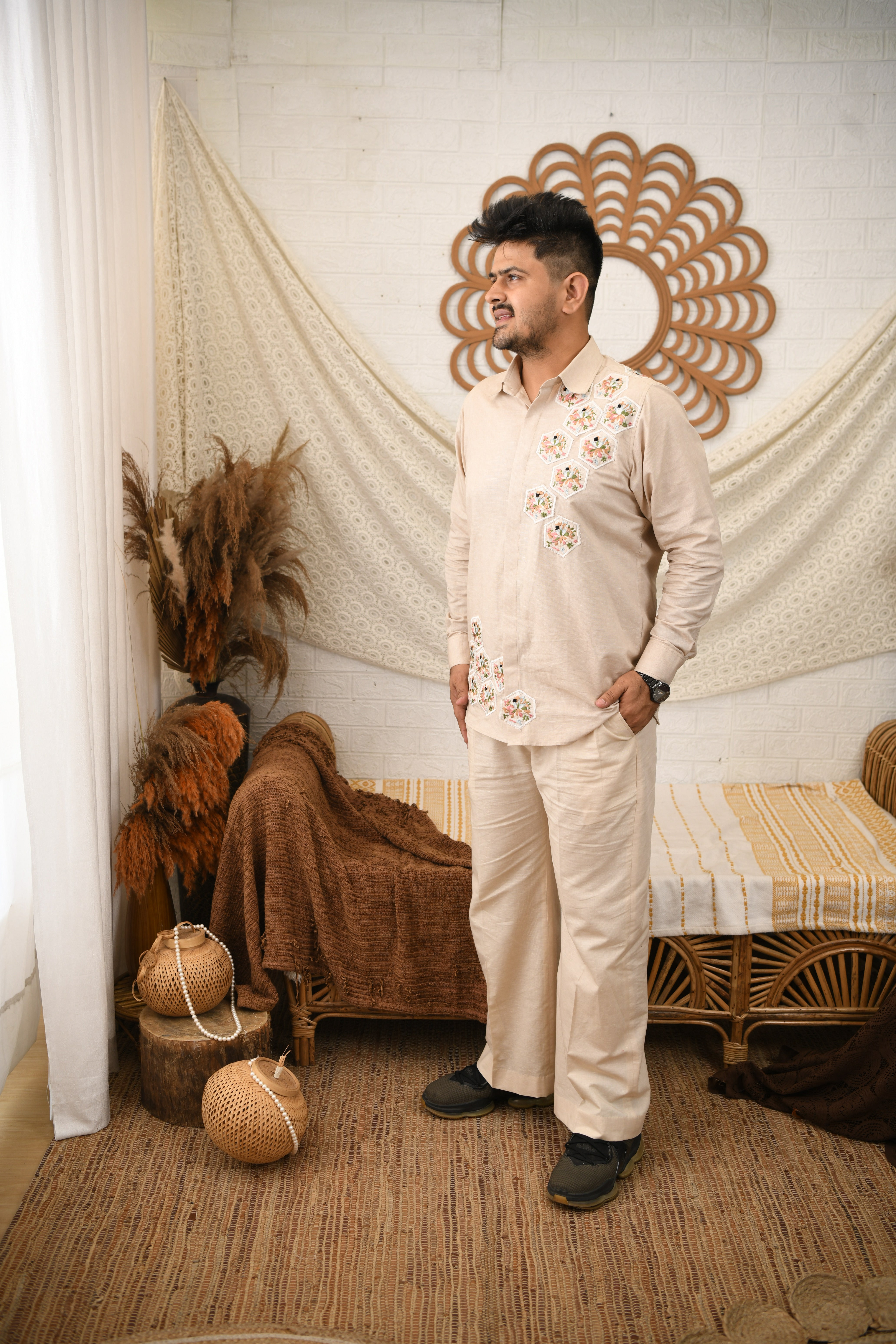 Beige Linen Embroidered Men's Co-ord Set