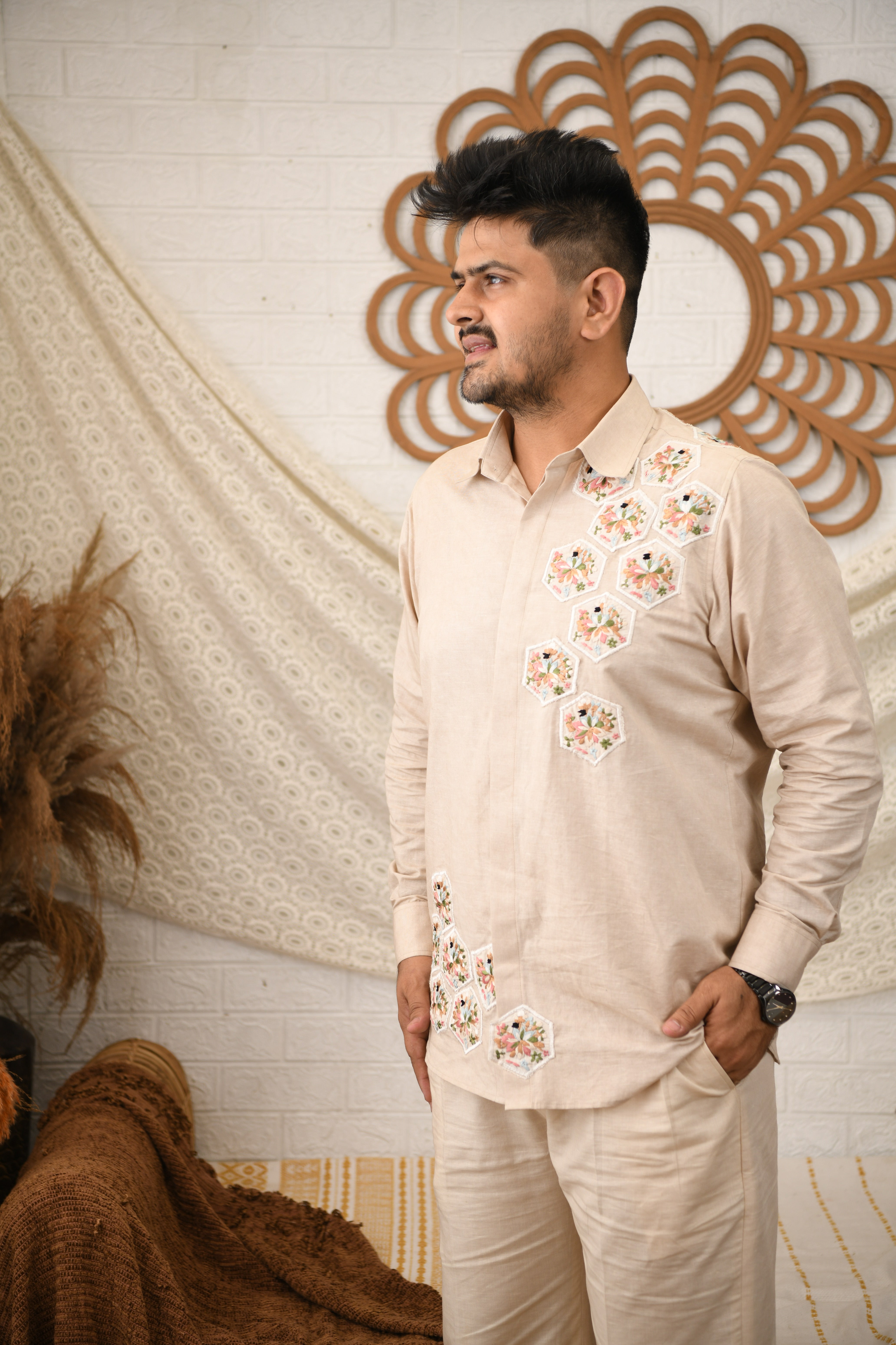 Beige Linen Embroidered Men's Co-ord Set