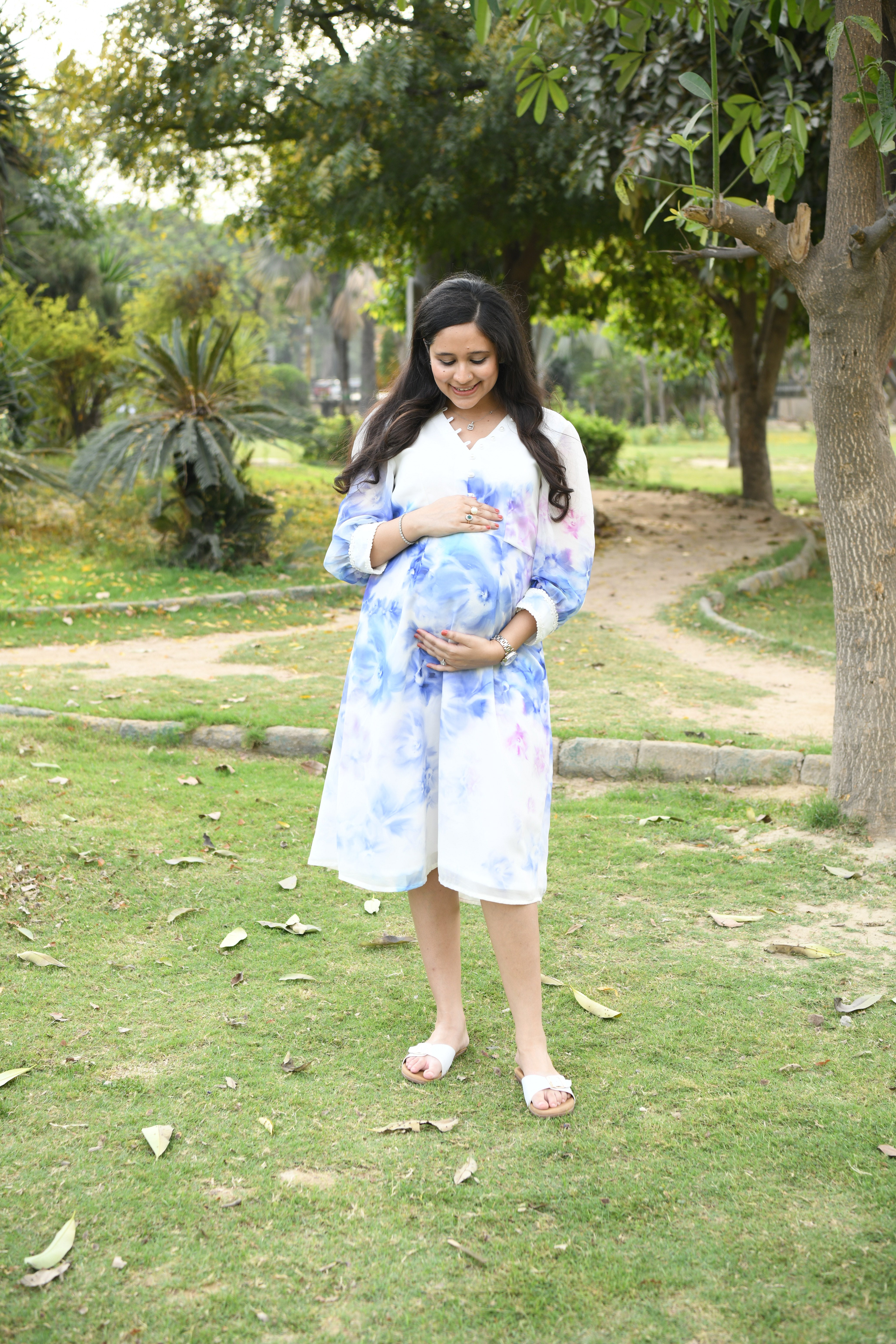 White Floral Georgette Midi Dress