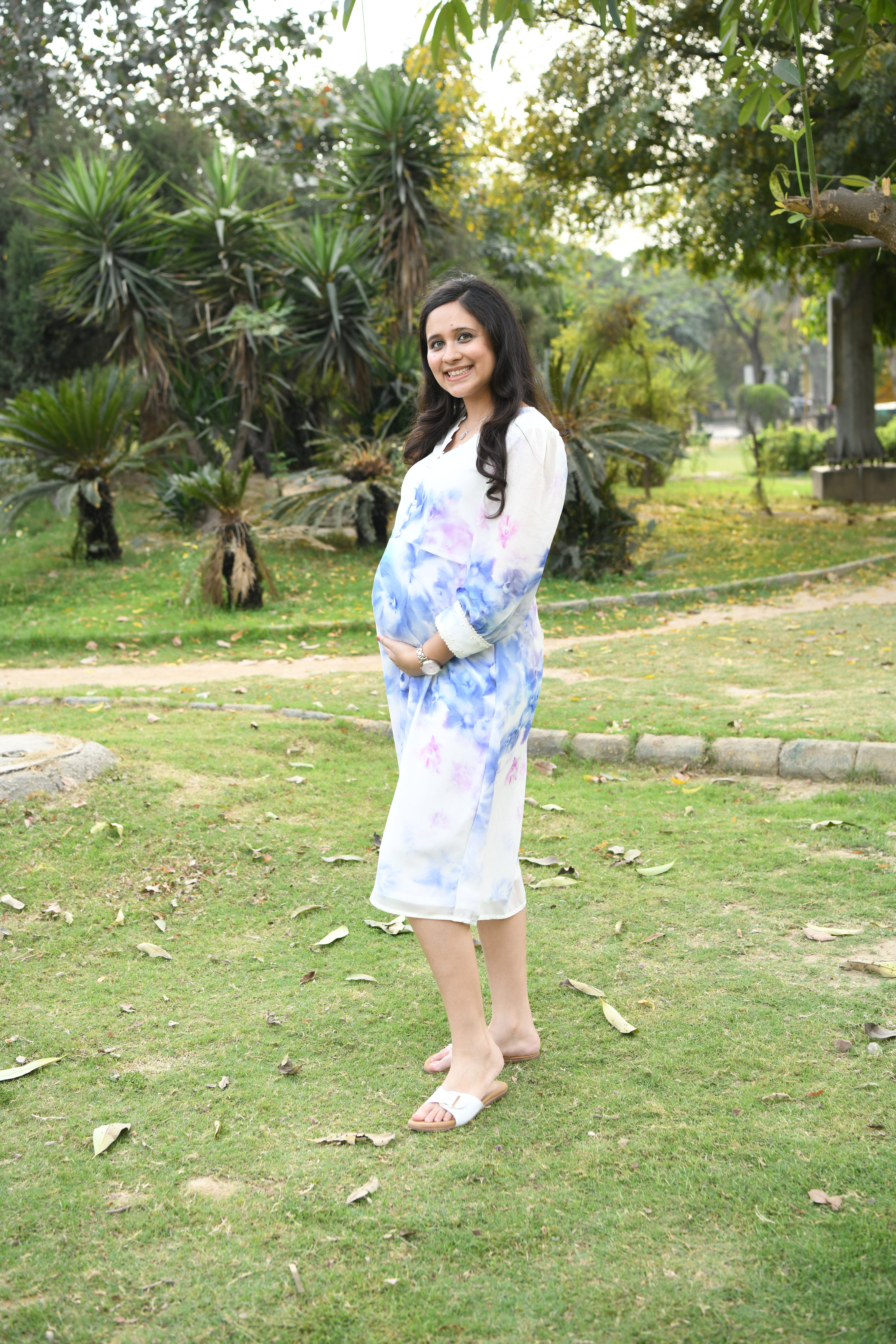 White Floral Georgette Midi Dress
