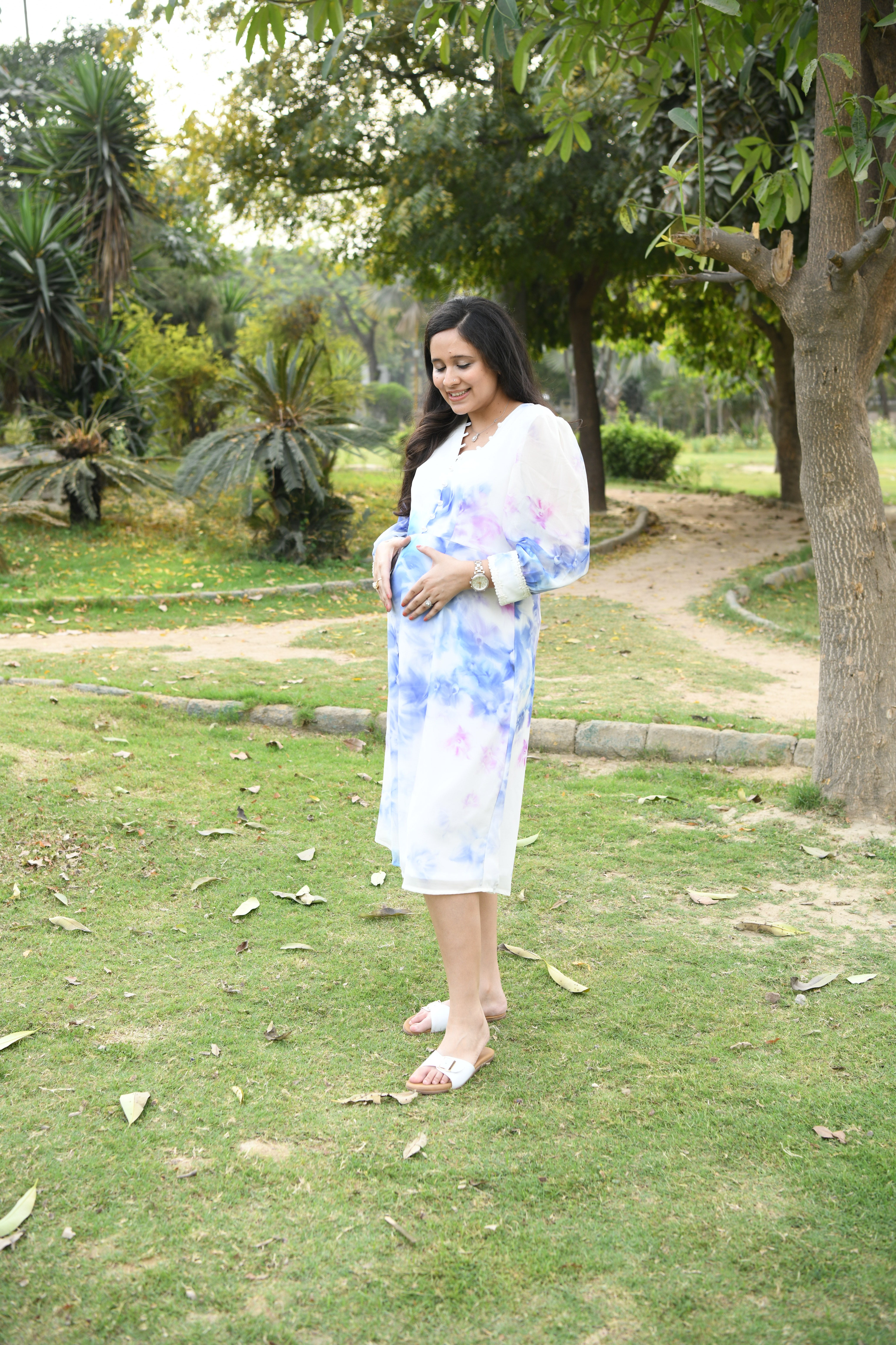 White Floral Georgette Midi Dress