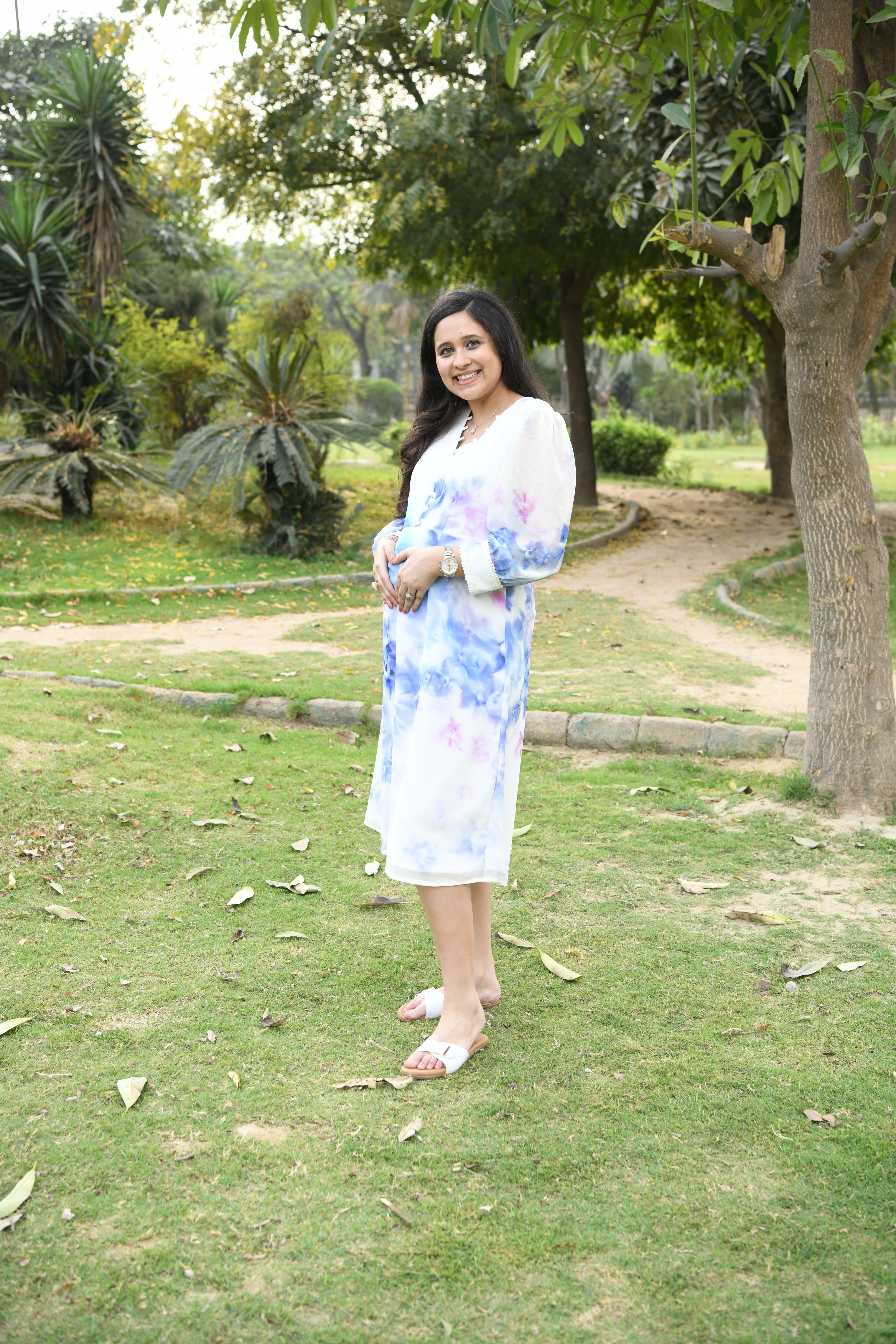White Floral Georgette Midi Dress