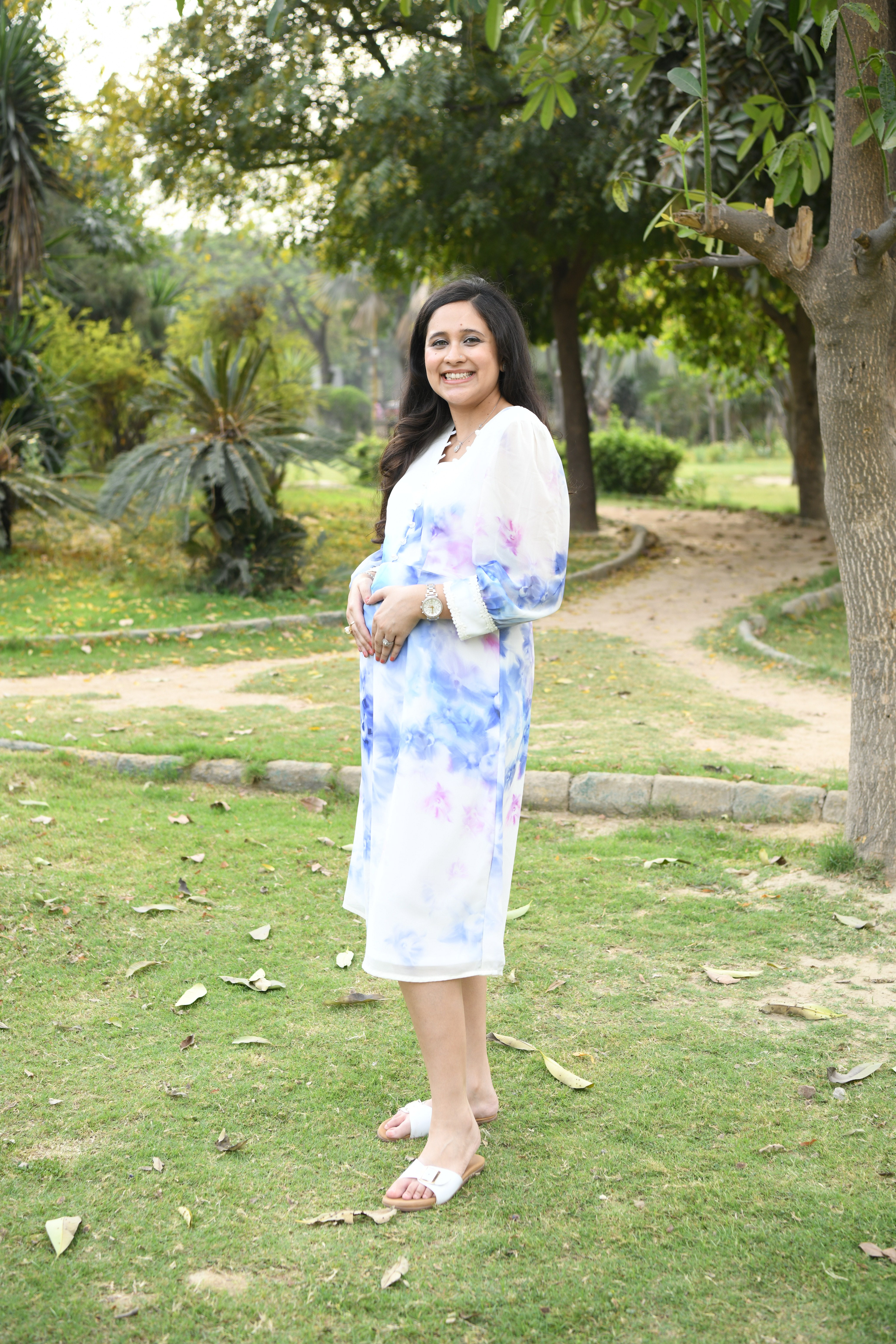 White Floral Georgette Midi Dress