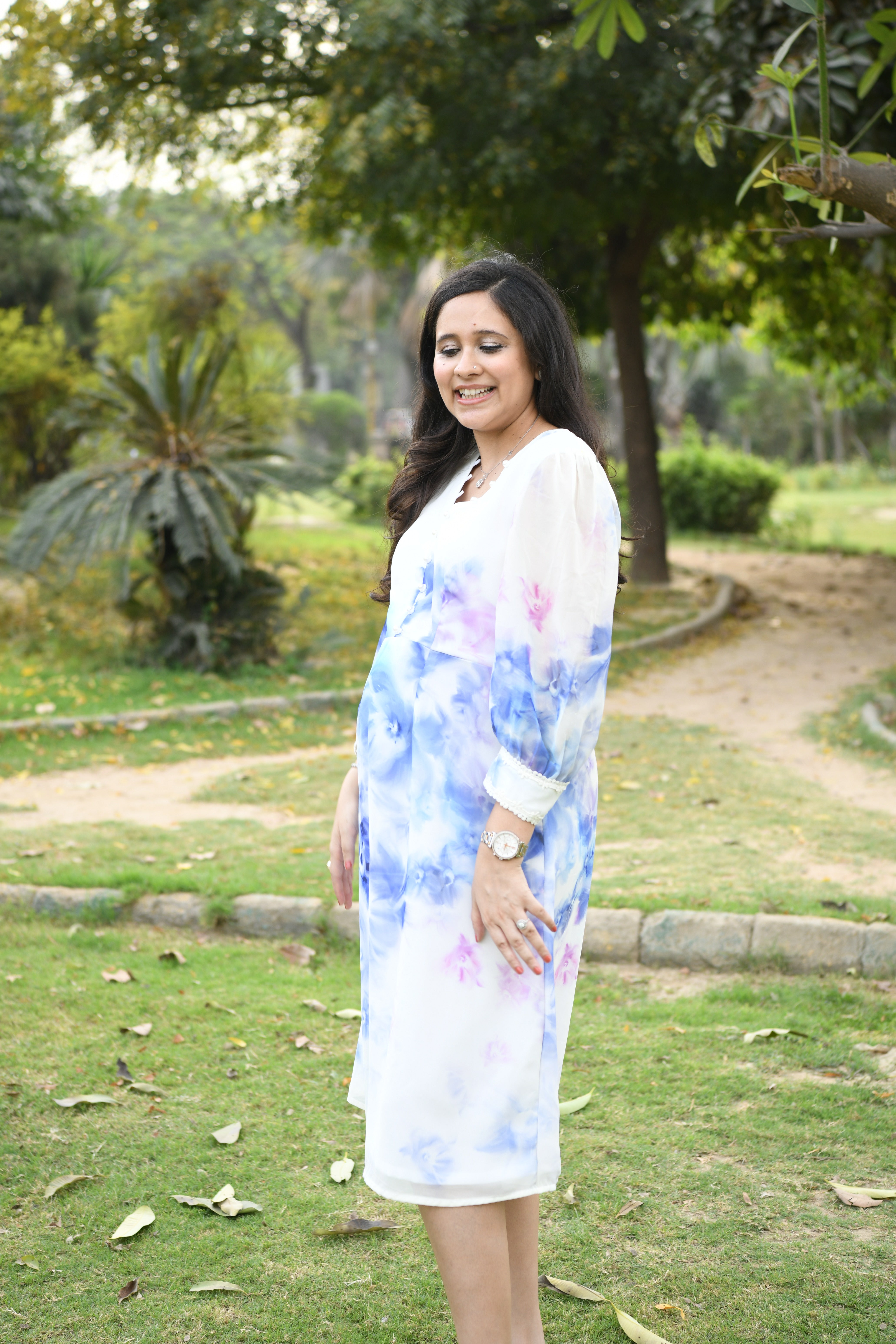 White Floral Georgette Midi Dress