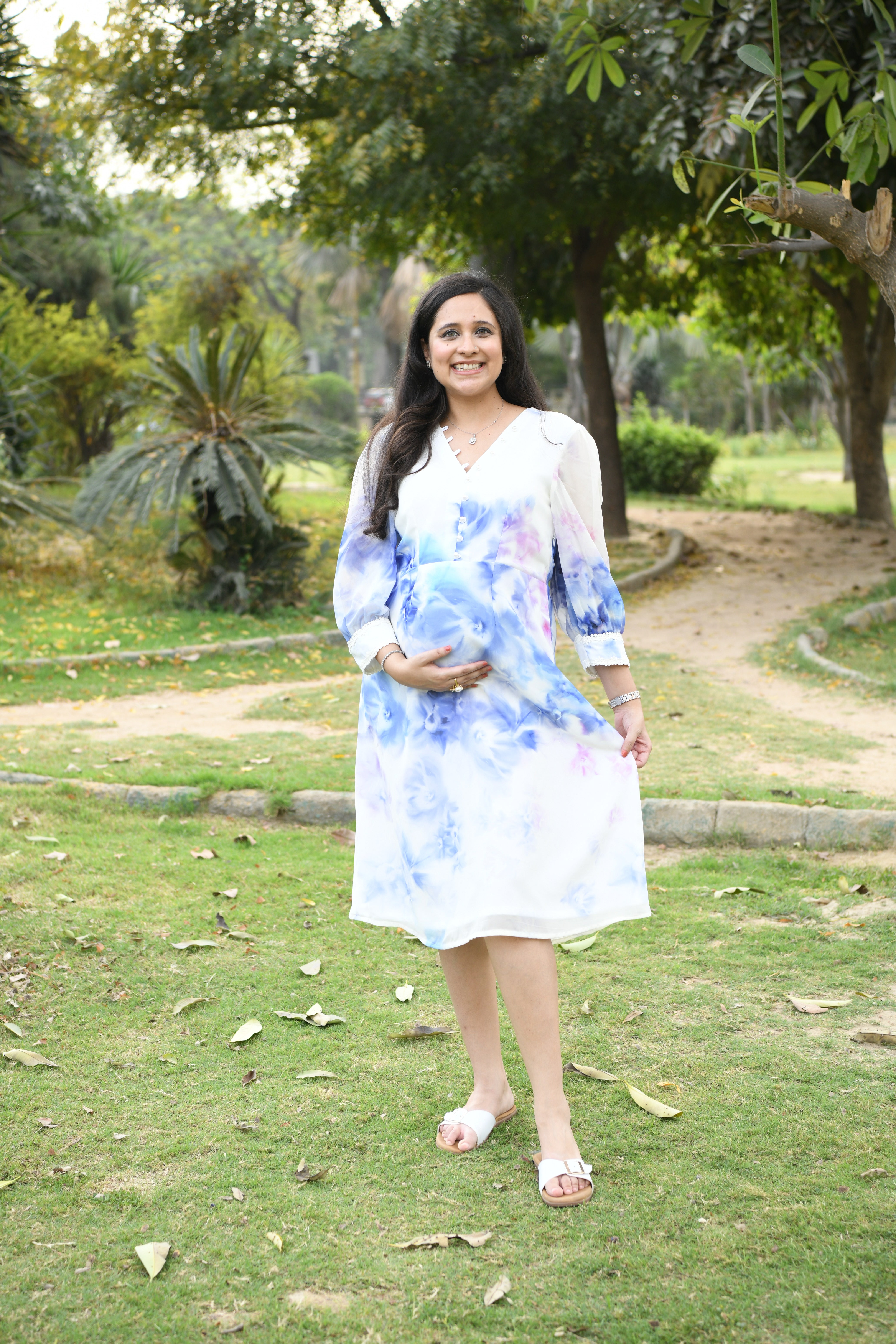 White Floral Georgette Midi Dress