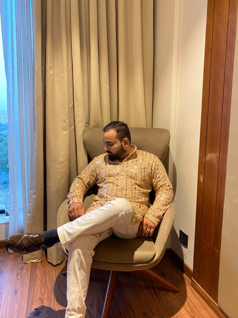 Menswear Beige Faux Mirror Kurta Set