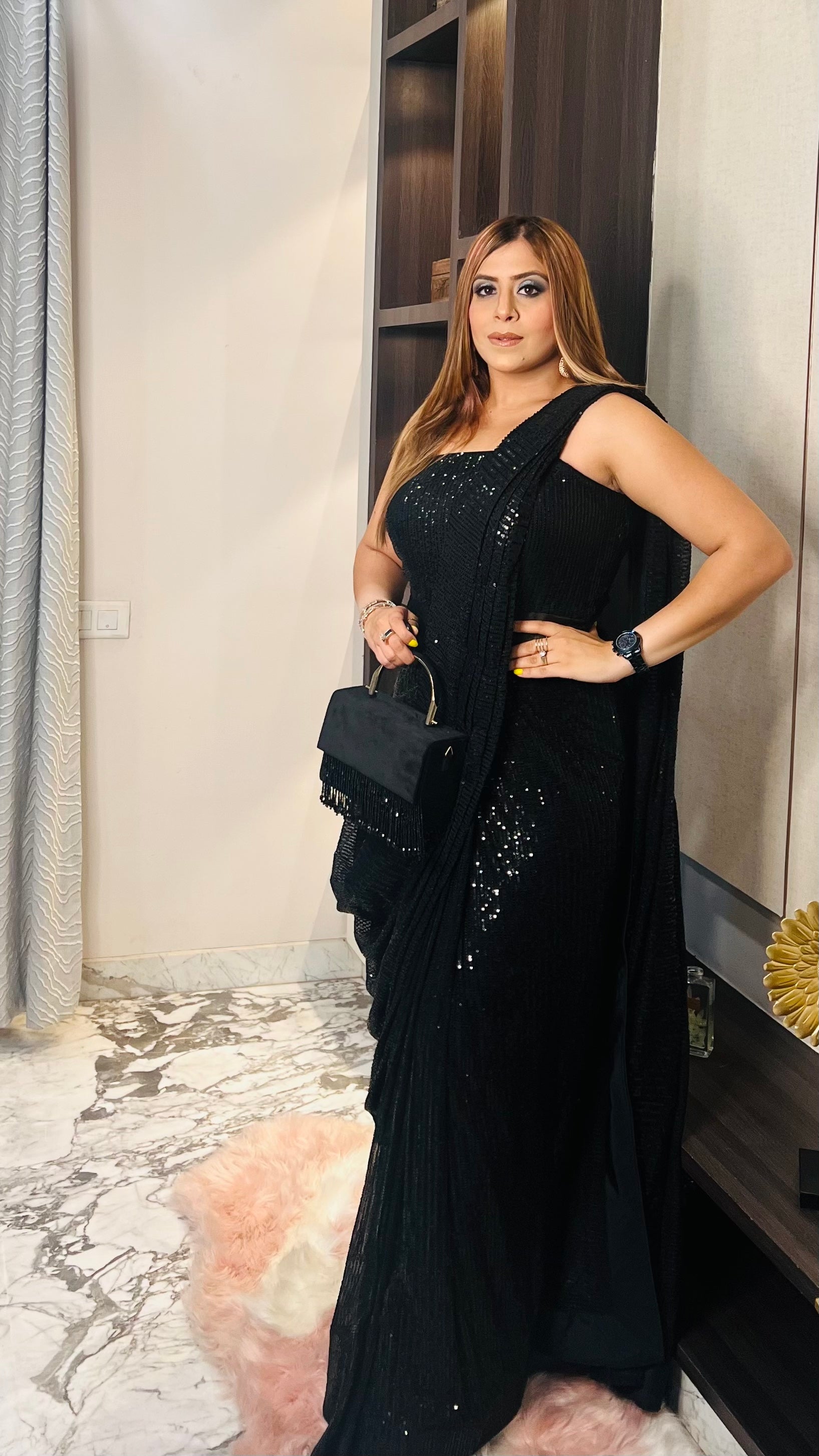 Black Sequin Saree Gown