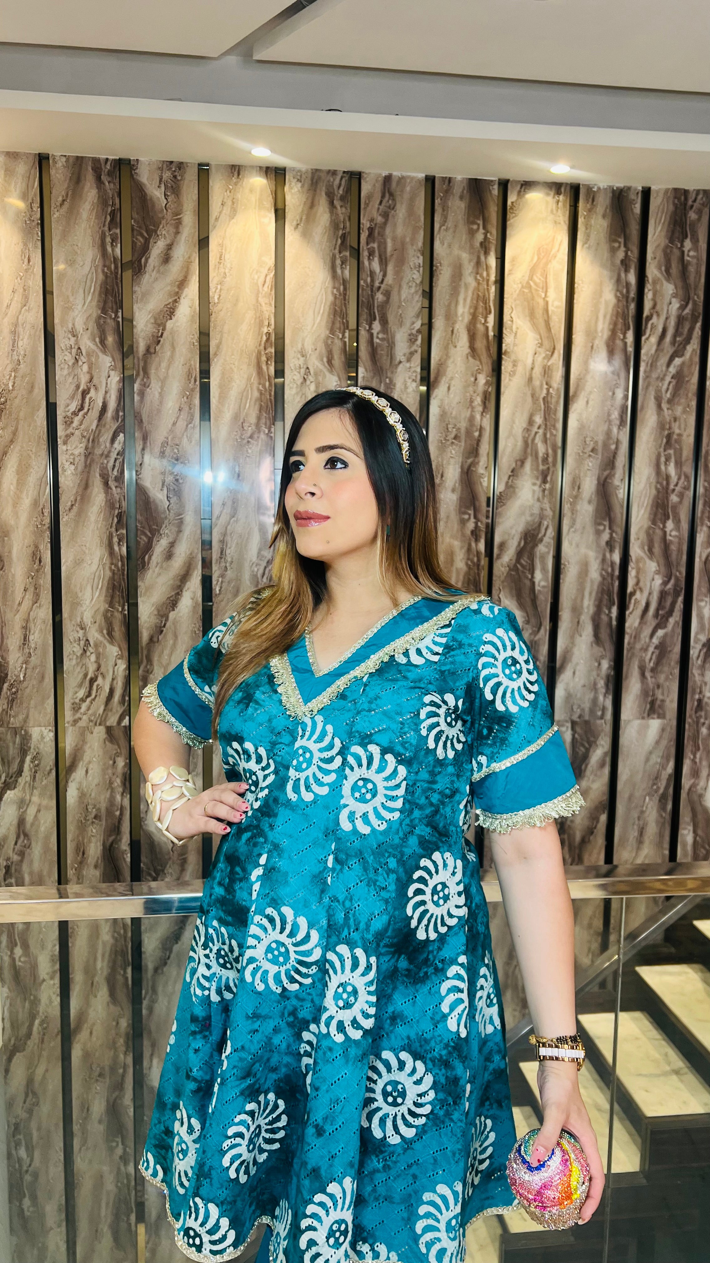 Teal Cotton Batik Dhoti Suit