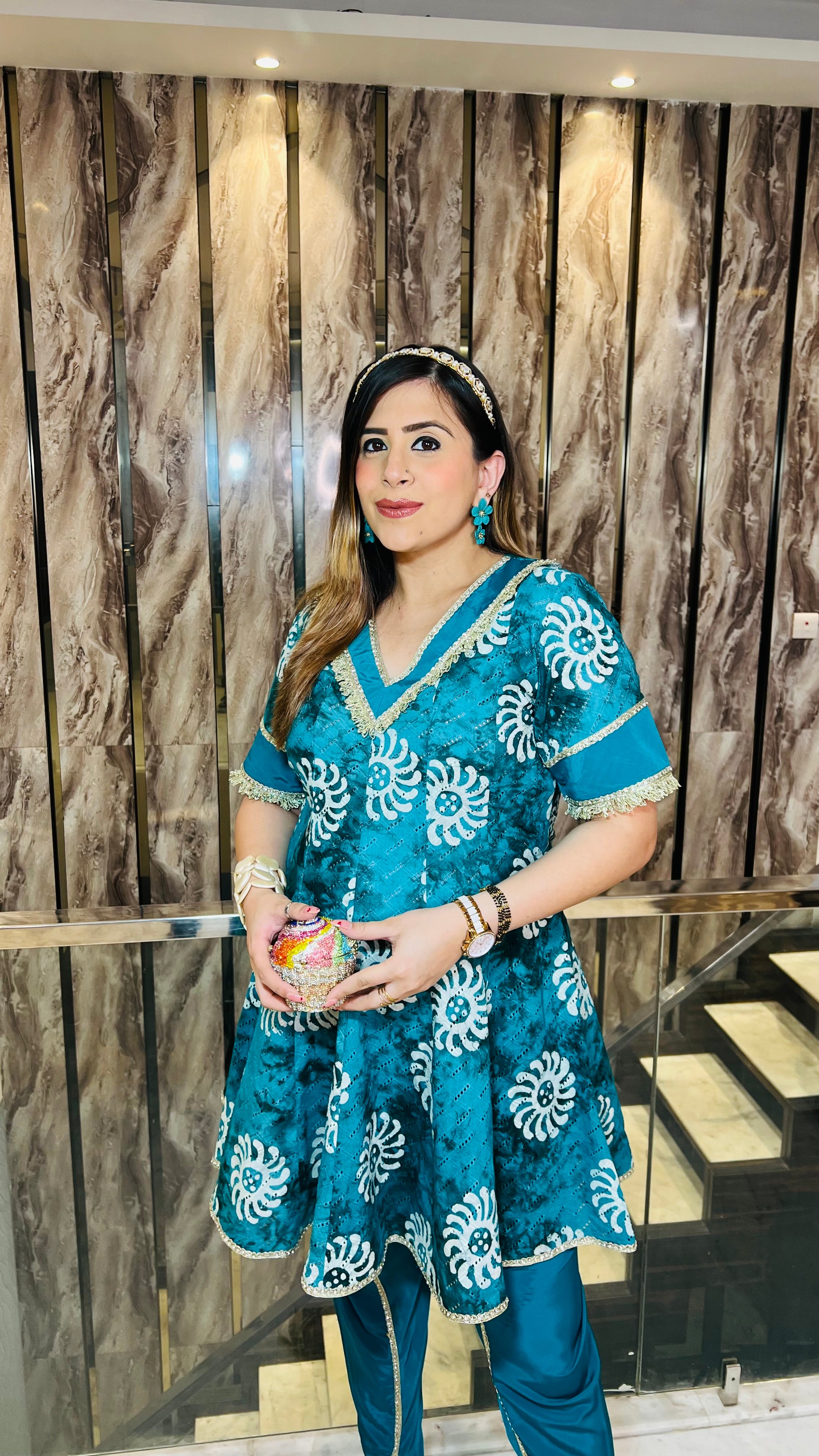 Teal Cotton Batik Dhoti Suit