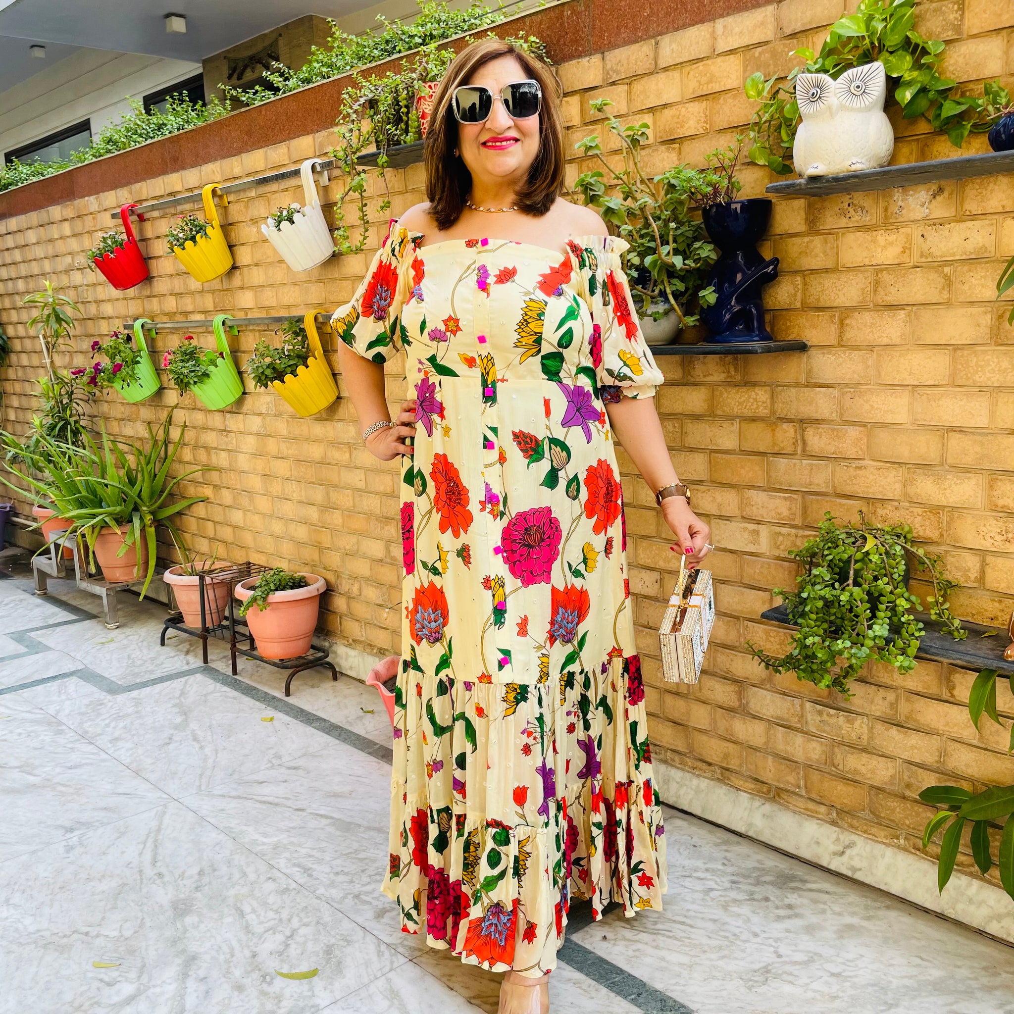 Premium Cream Flower Maxi Dress