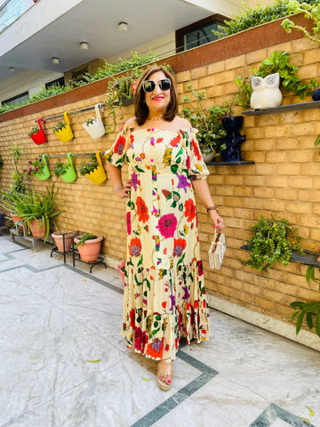 Premium Cream Flower Maxi Dress