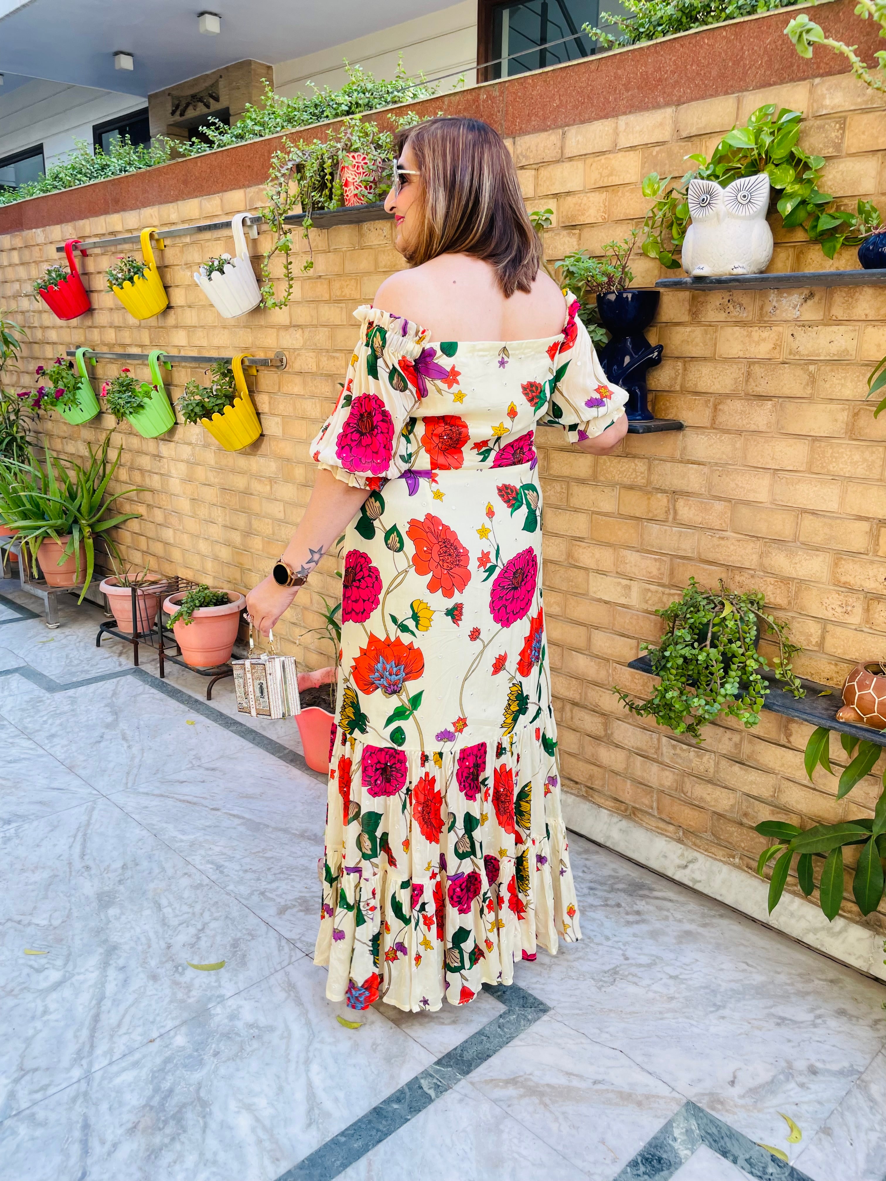 Premium Cream Flower Maxi Dress