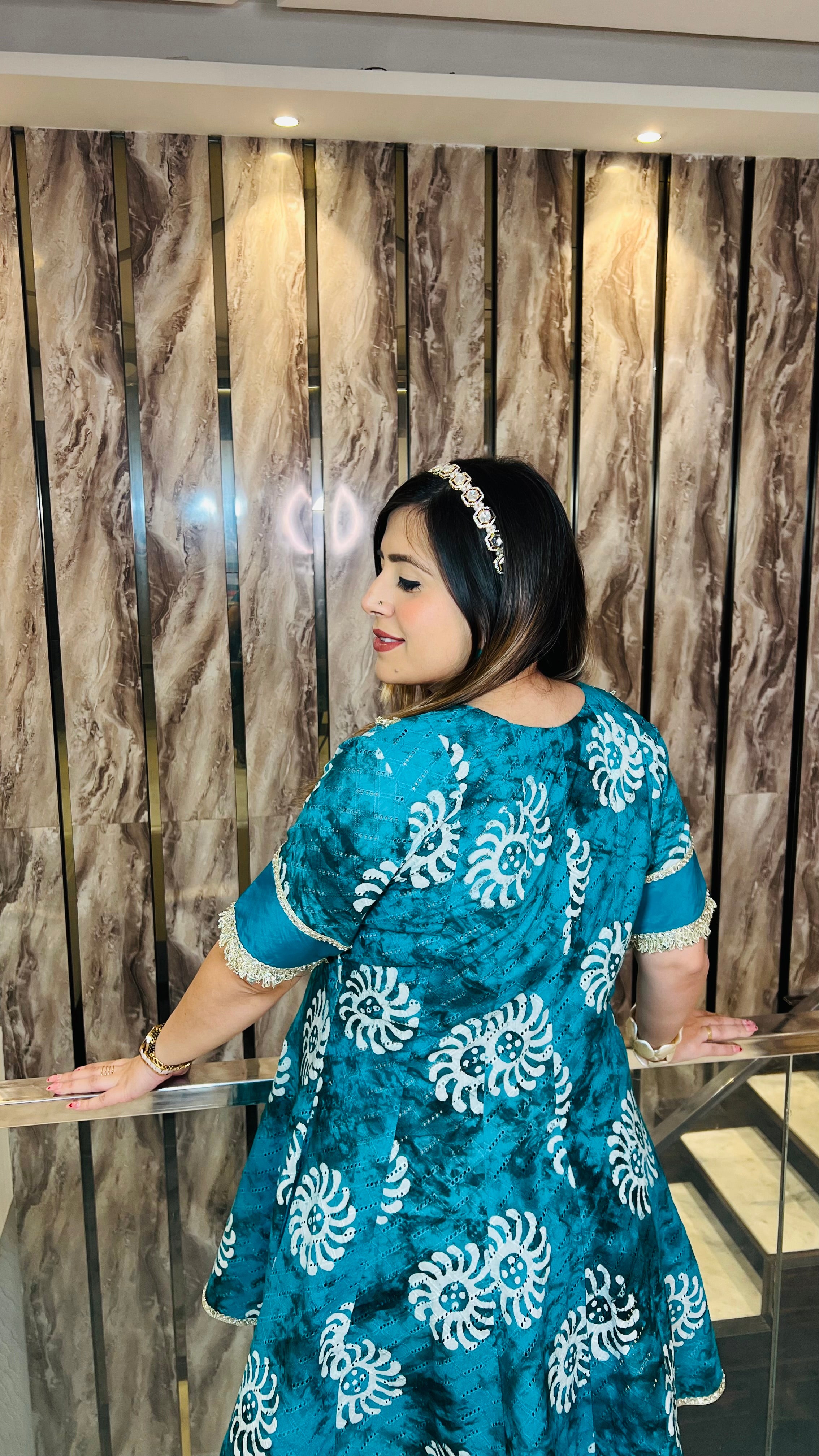 Teal Cotton Batik Dhoti Suit