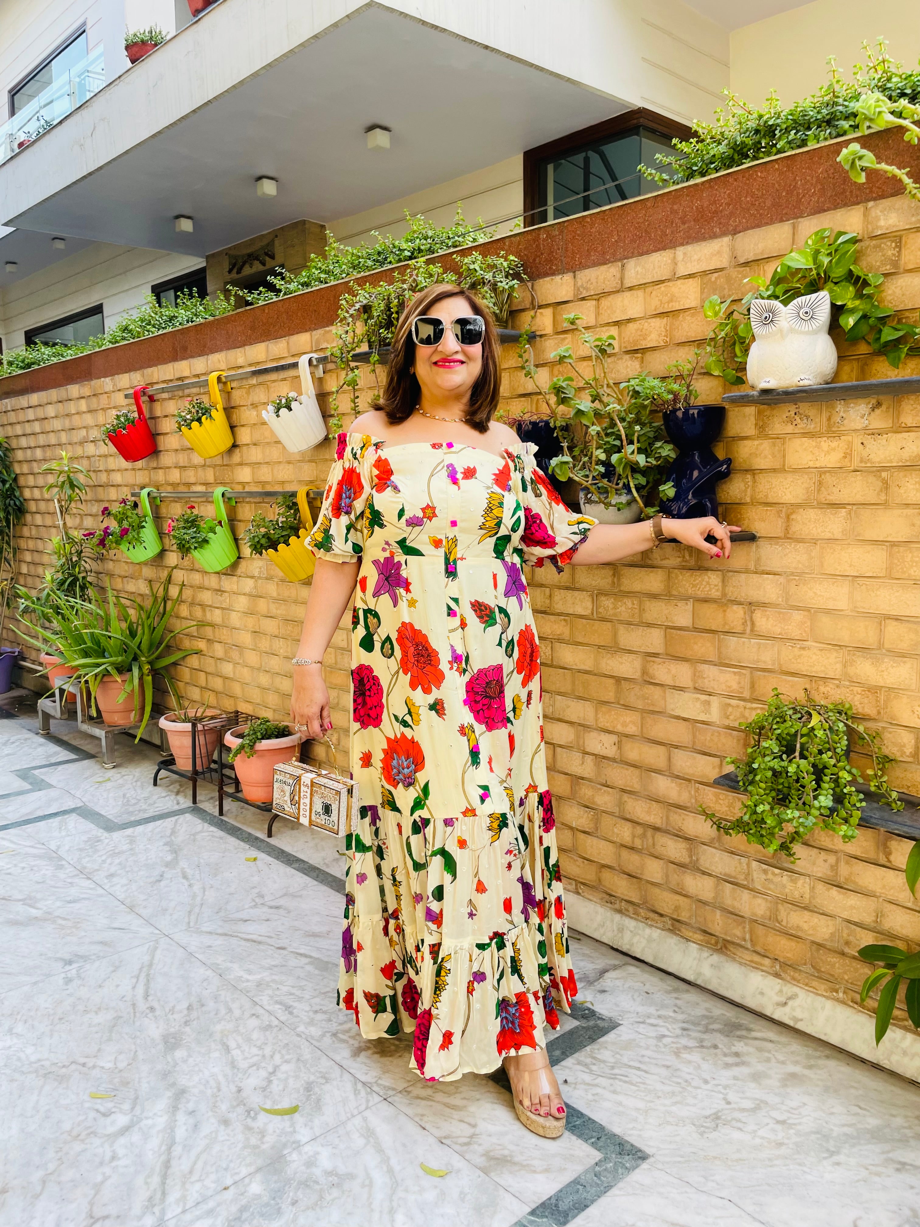 Premium Cream Flower Maxi Dress