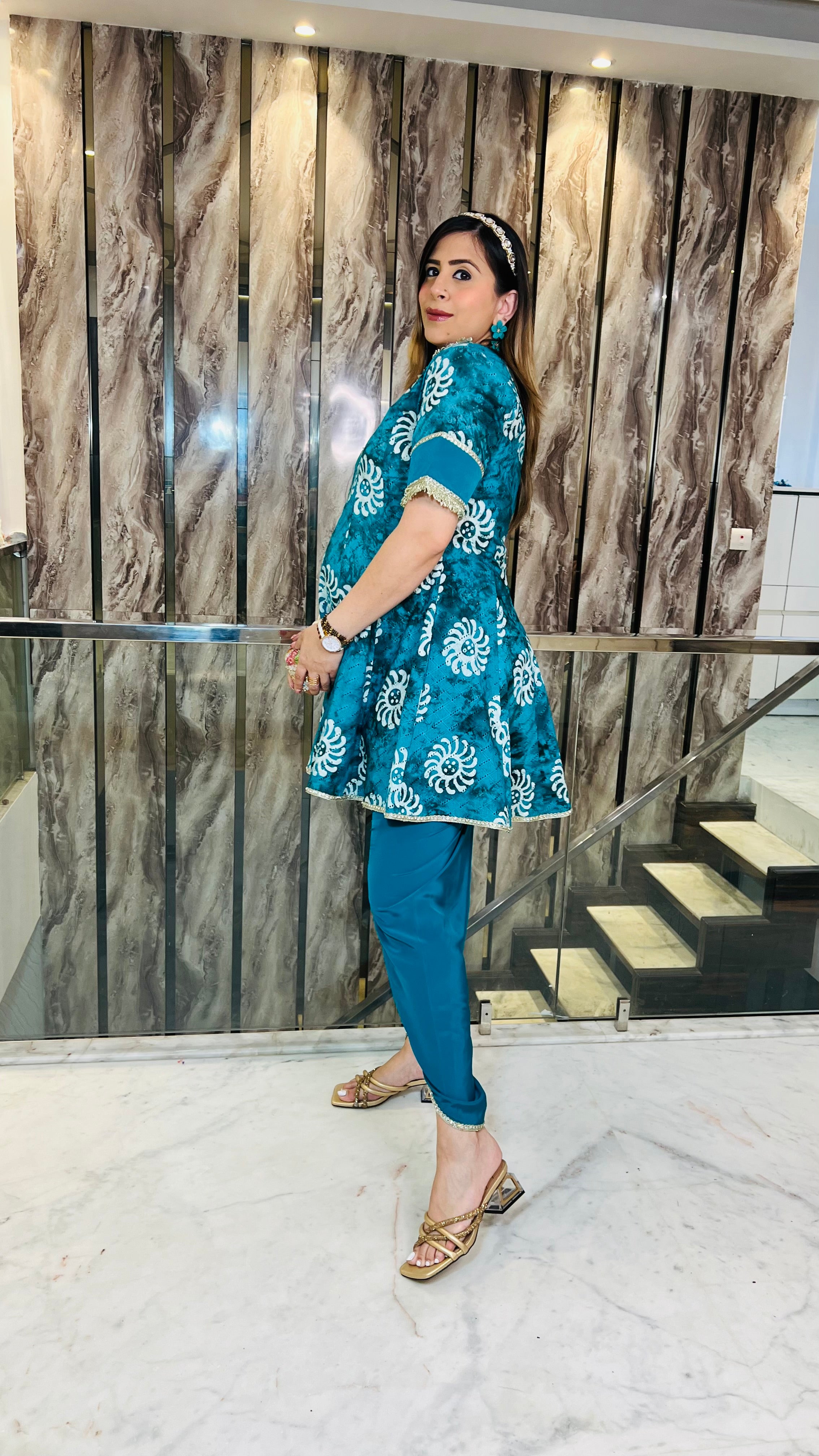 Teal Cotton Batik Dhoti Suit