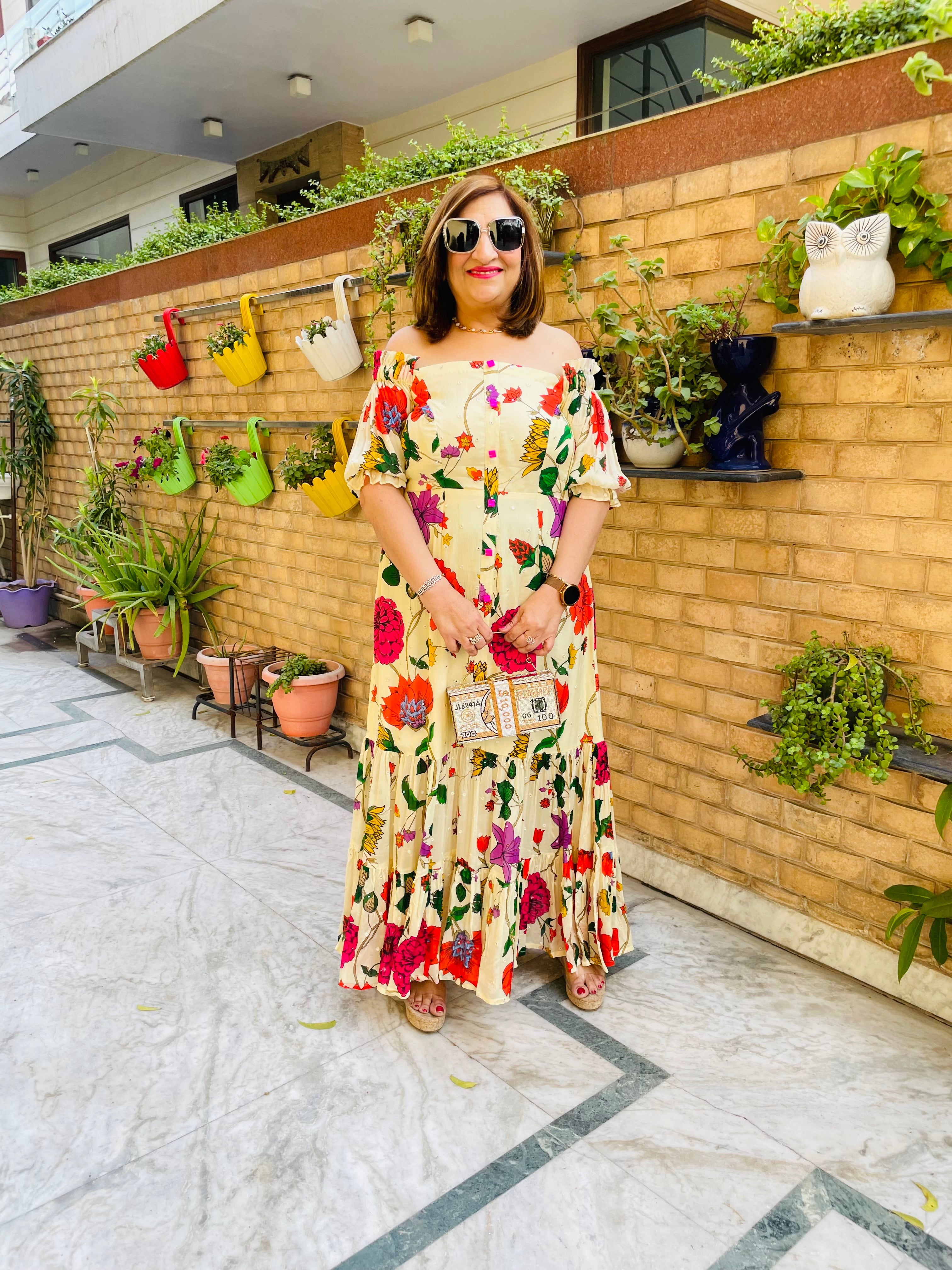 Premium Cream Flower Maxi Dress