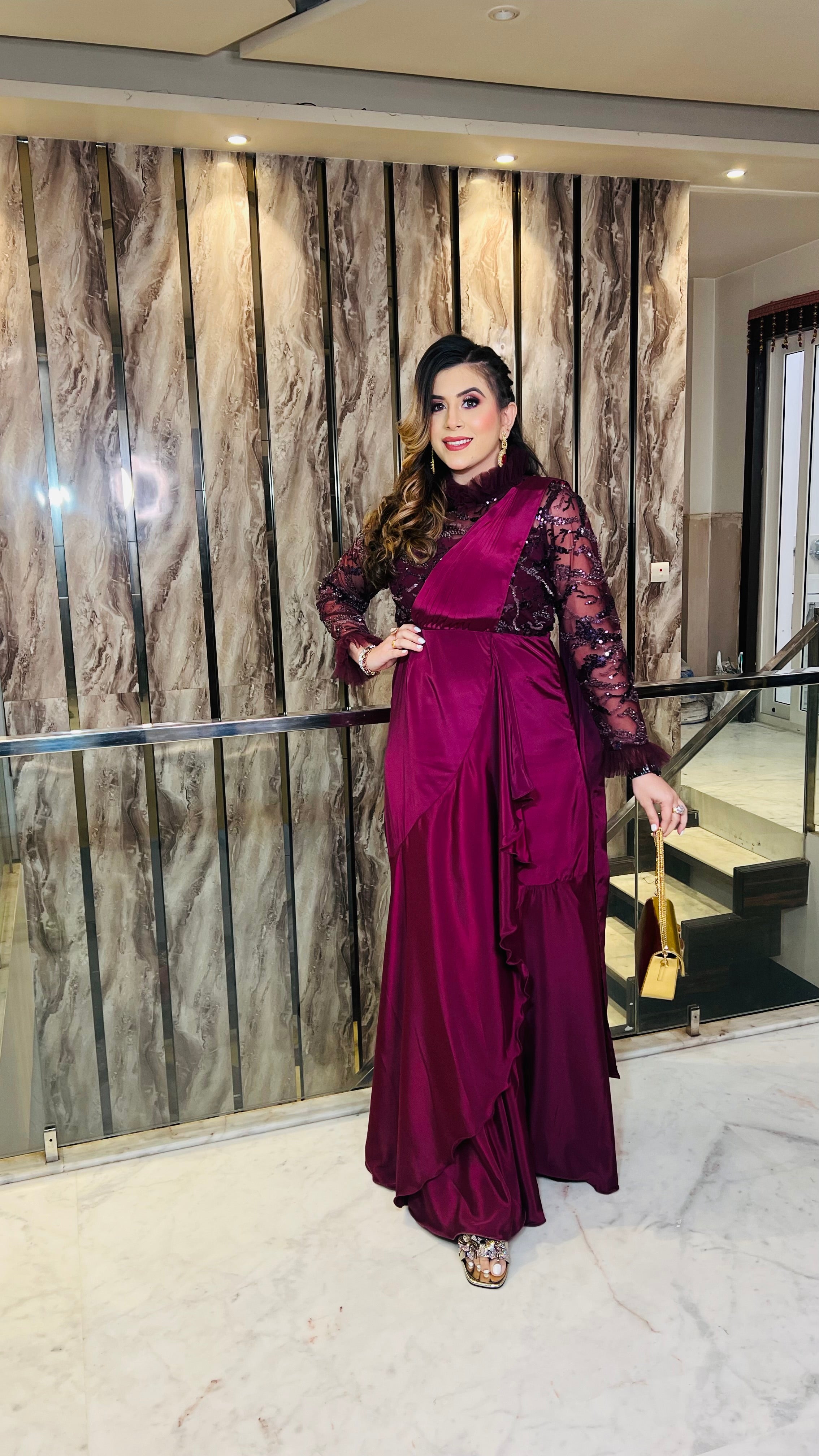 Wine Sequin Drape Saree