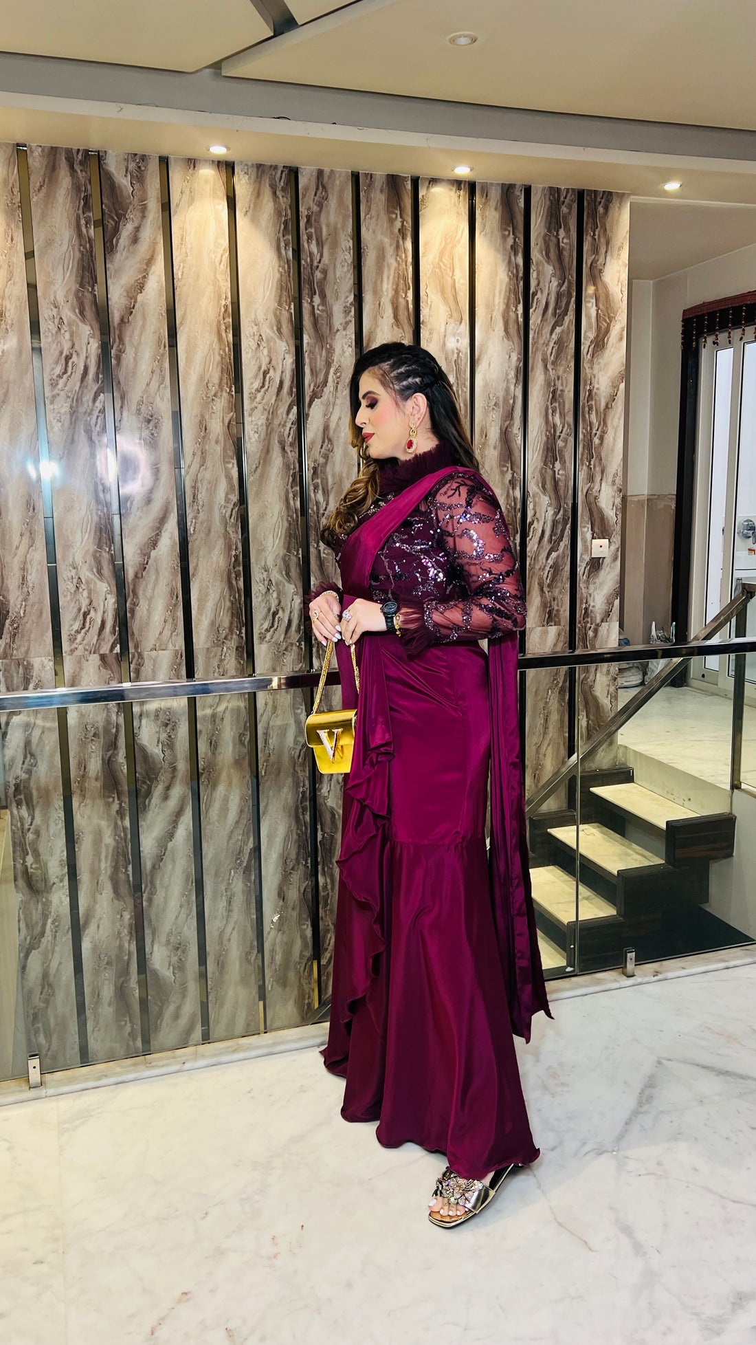 Wine Sequin Drape Saree