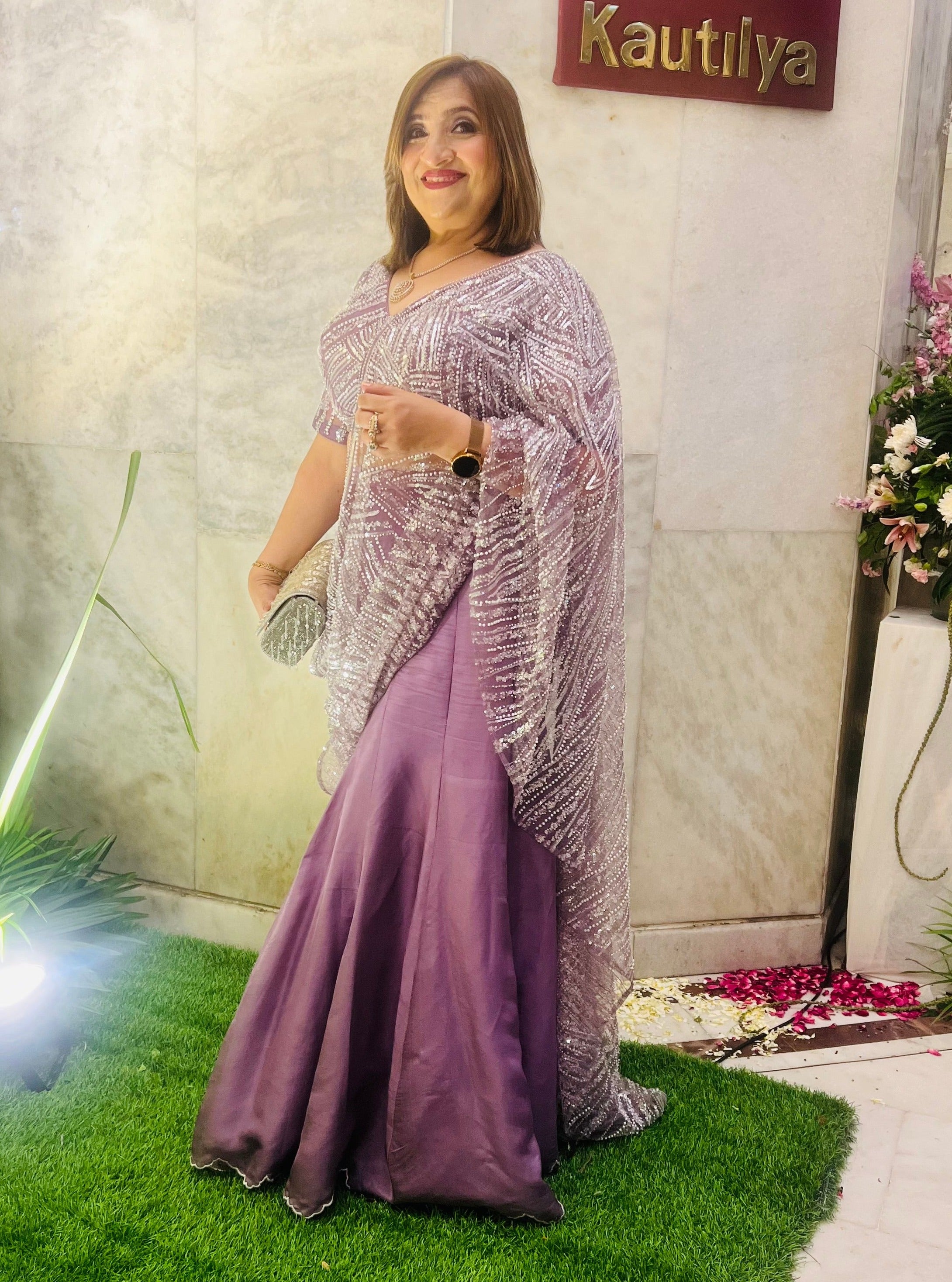 Mauve Panelled Fish Cut Saree