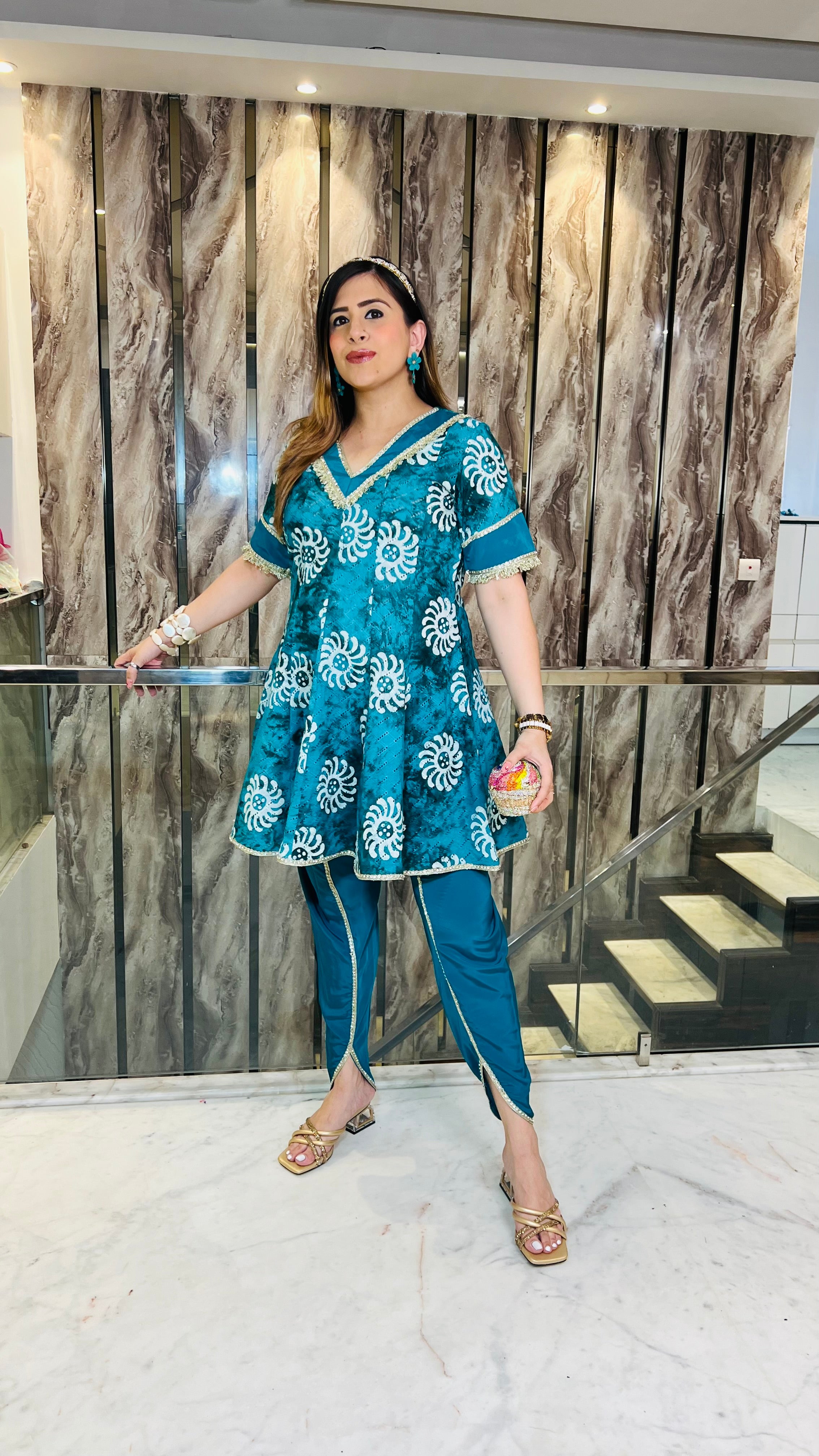 Teal Cotton Batik Dhoti Suit