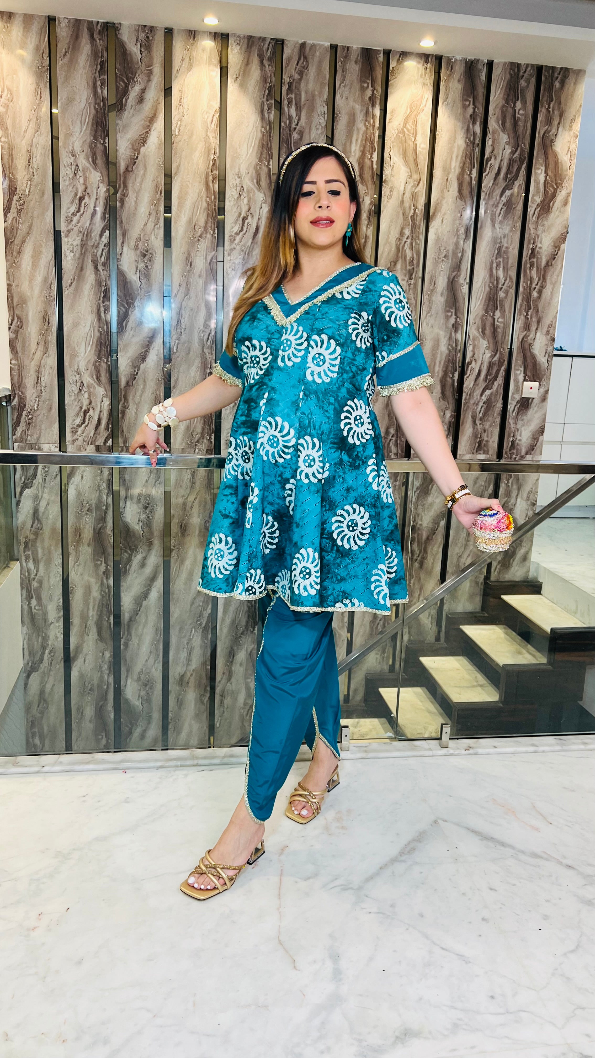 Teal Cotton Batik Dhoti Suit