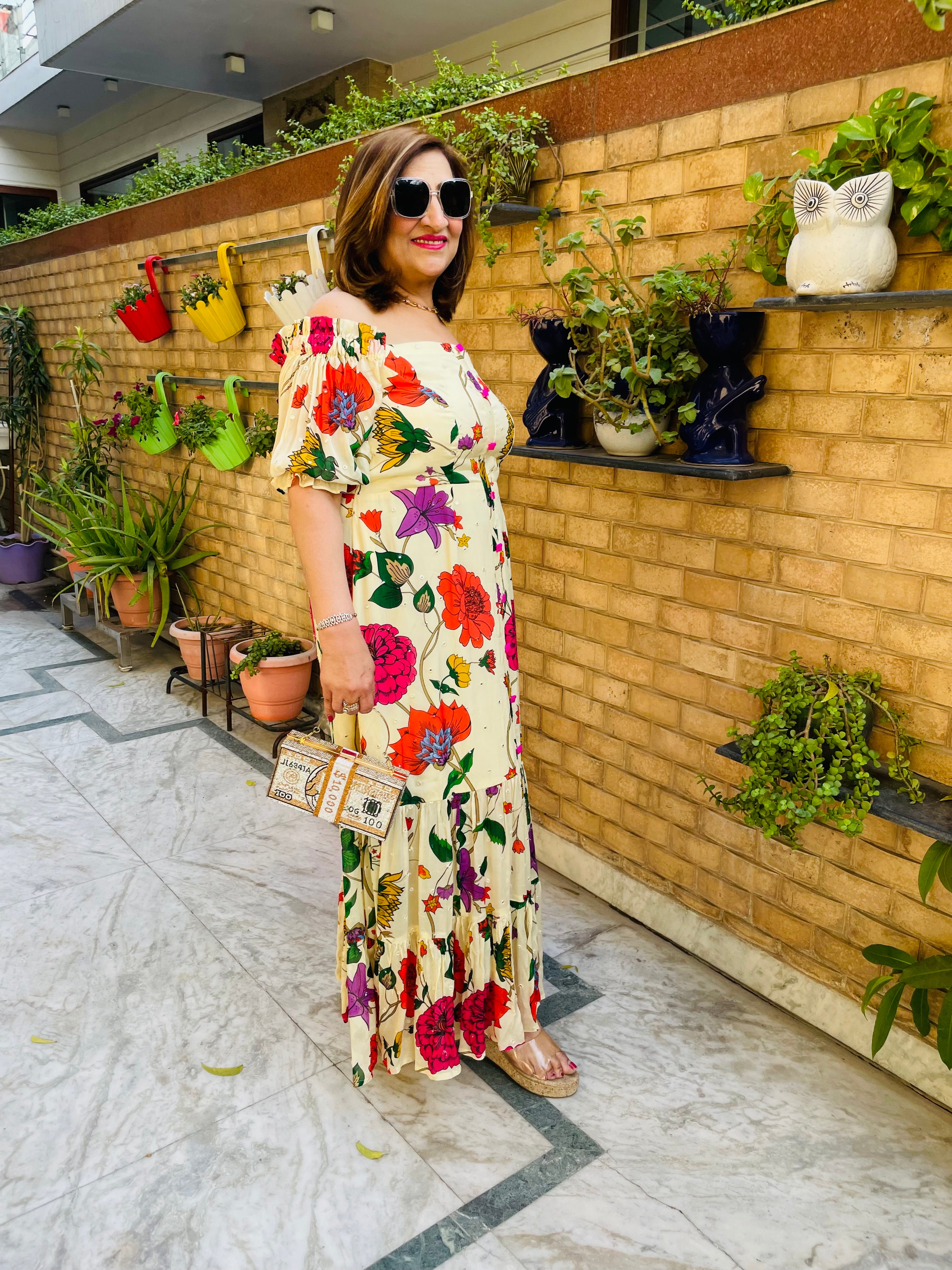 Premium Cream Flower Maxi Dress