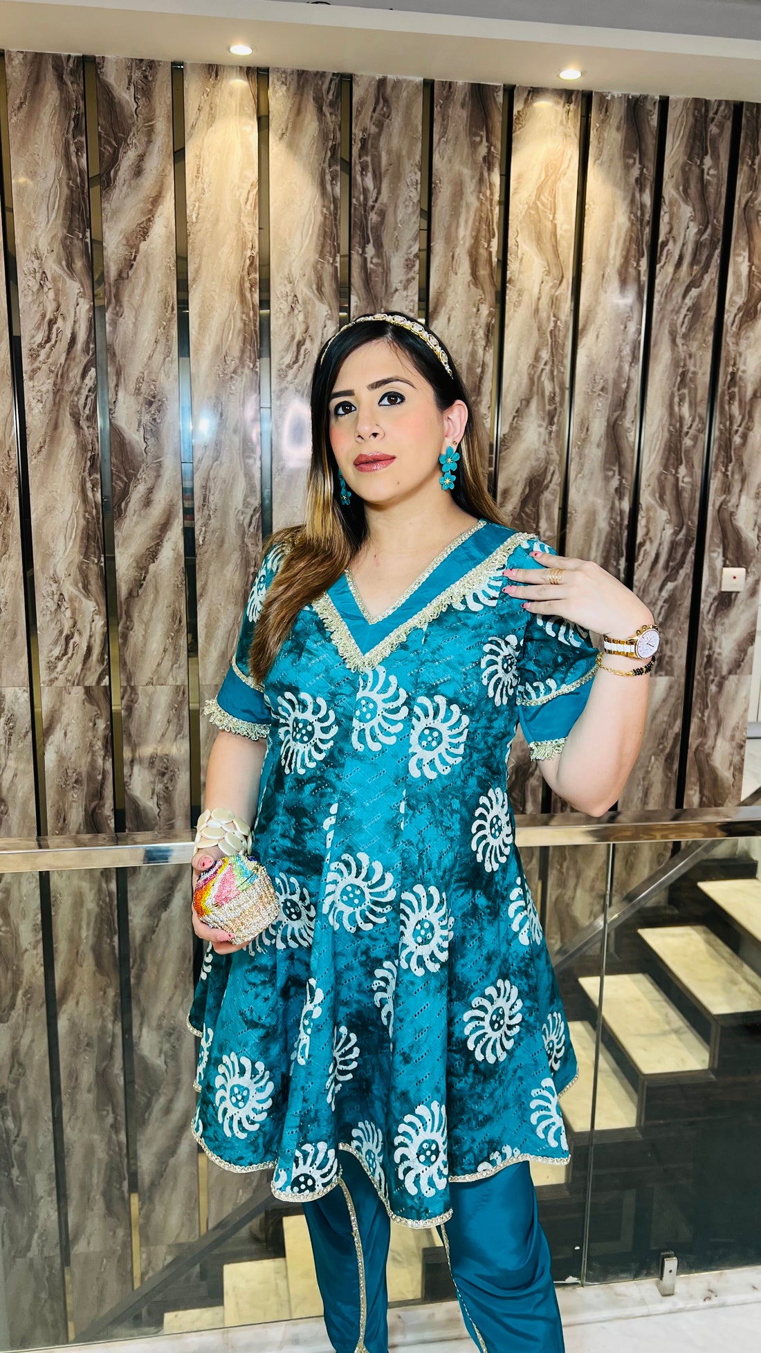 Teal Cotton Batik Dhoti Suit