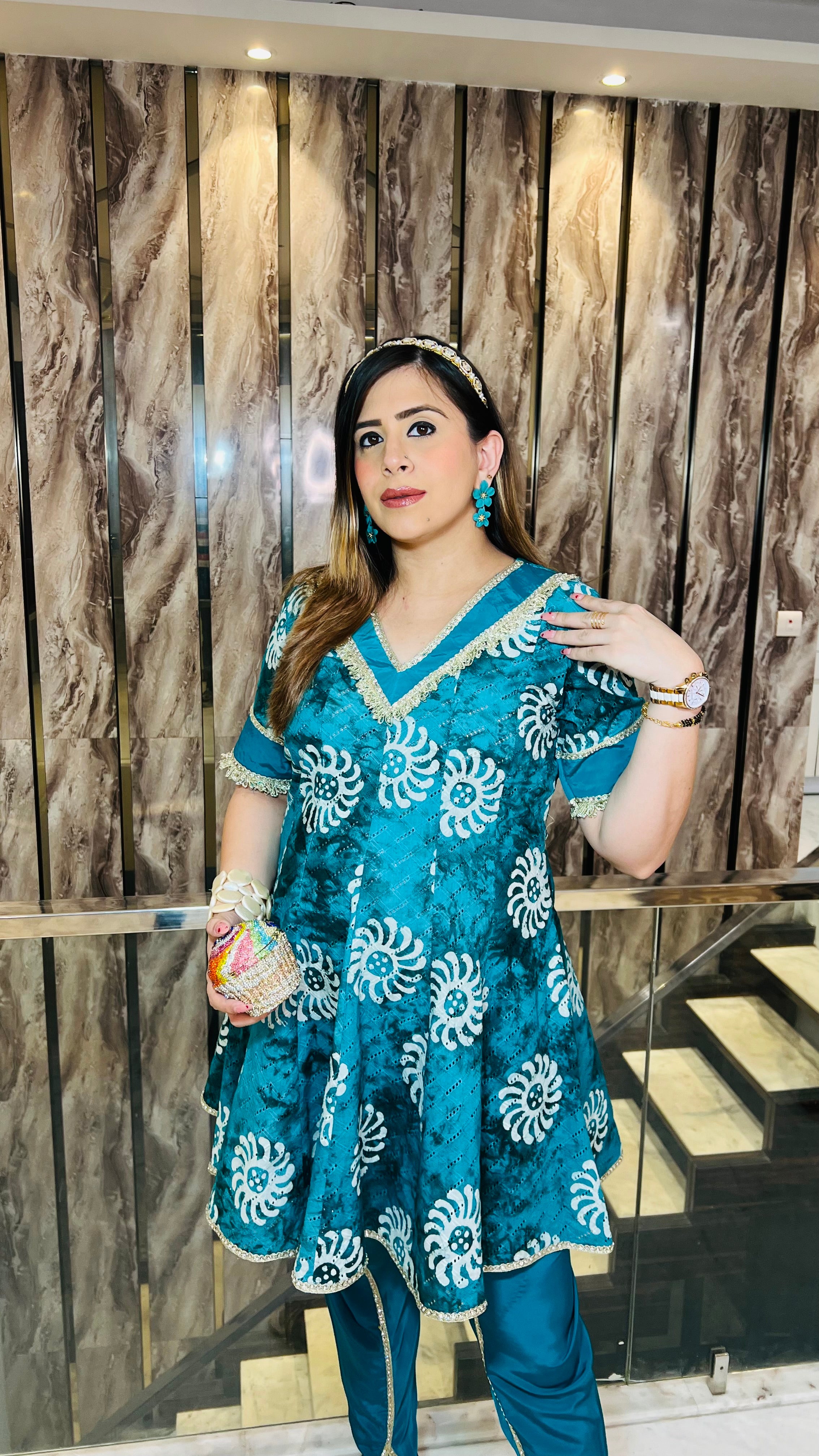 Teal Cotton Batik Dhoti Suit