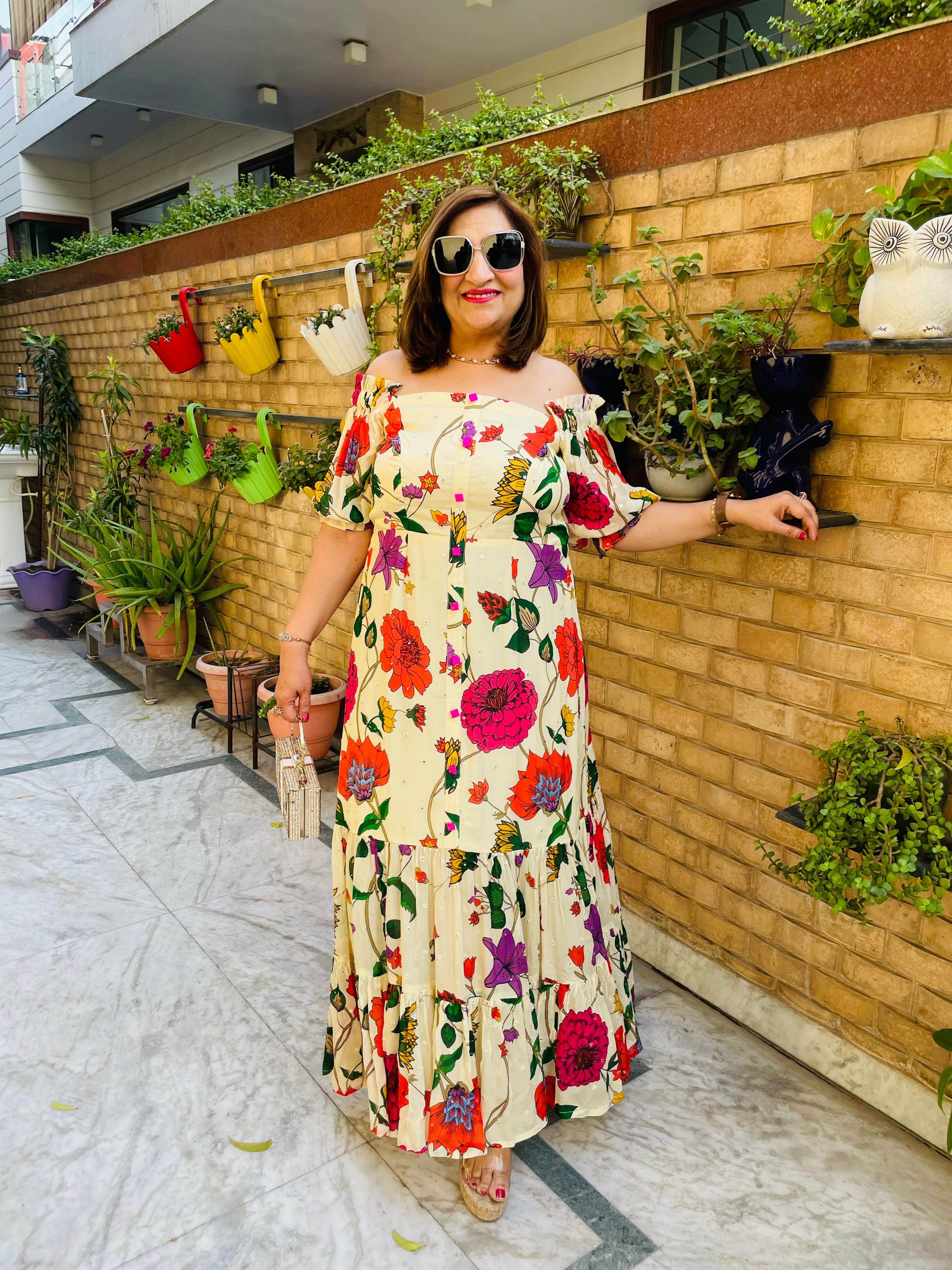 Premium Cream Flower Maxi Dress