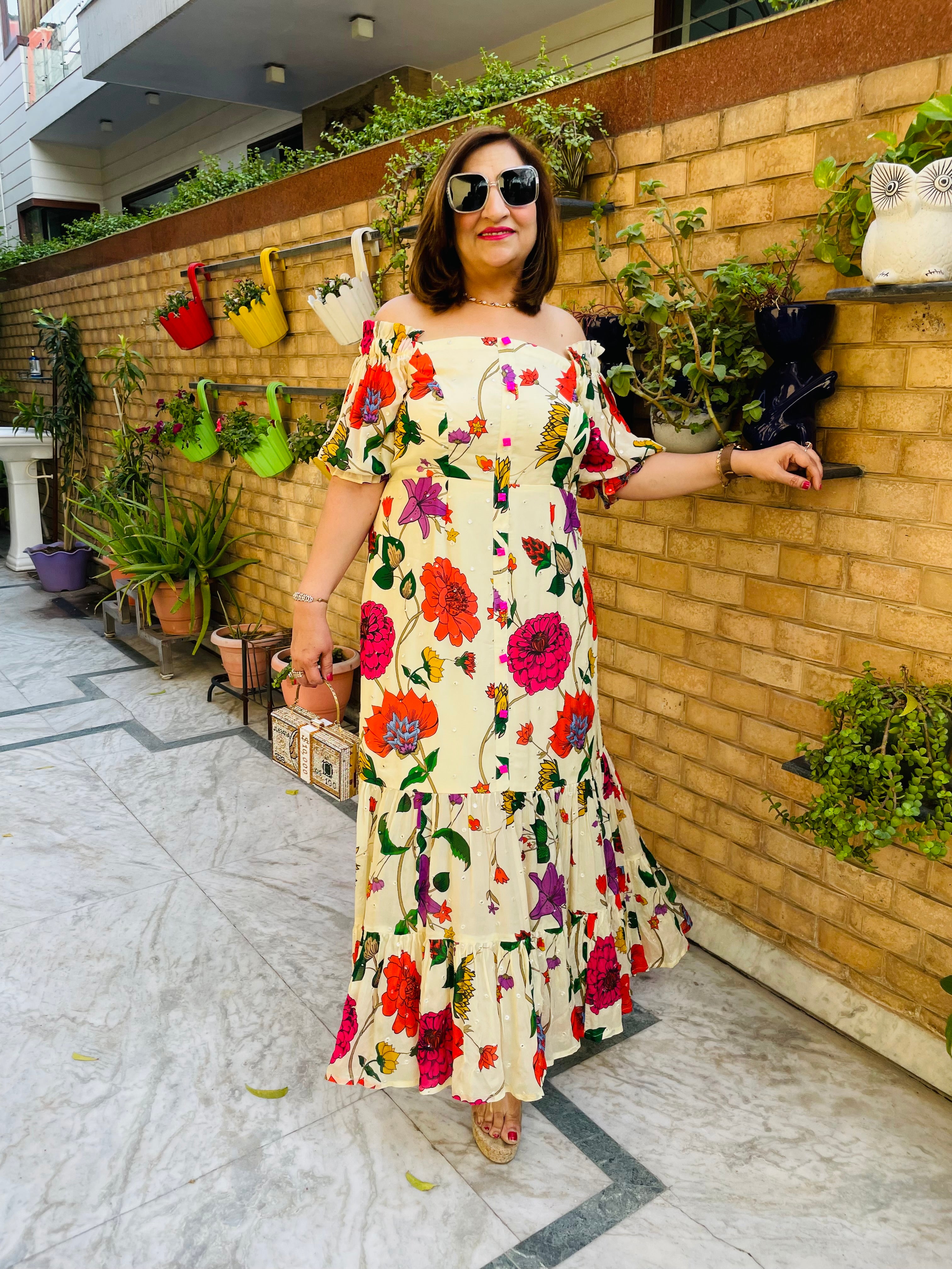 Premium Cream Flower Maxi Dress