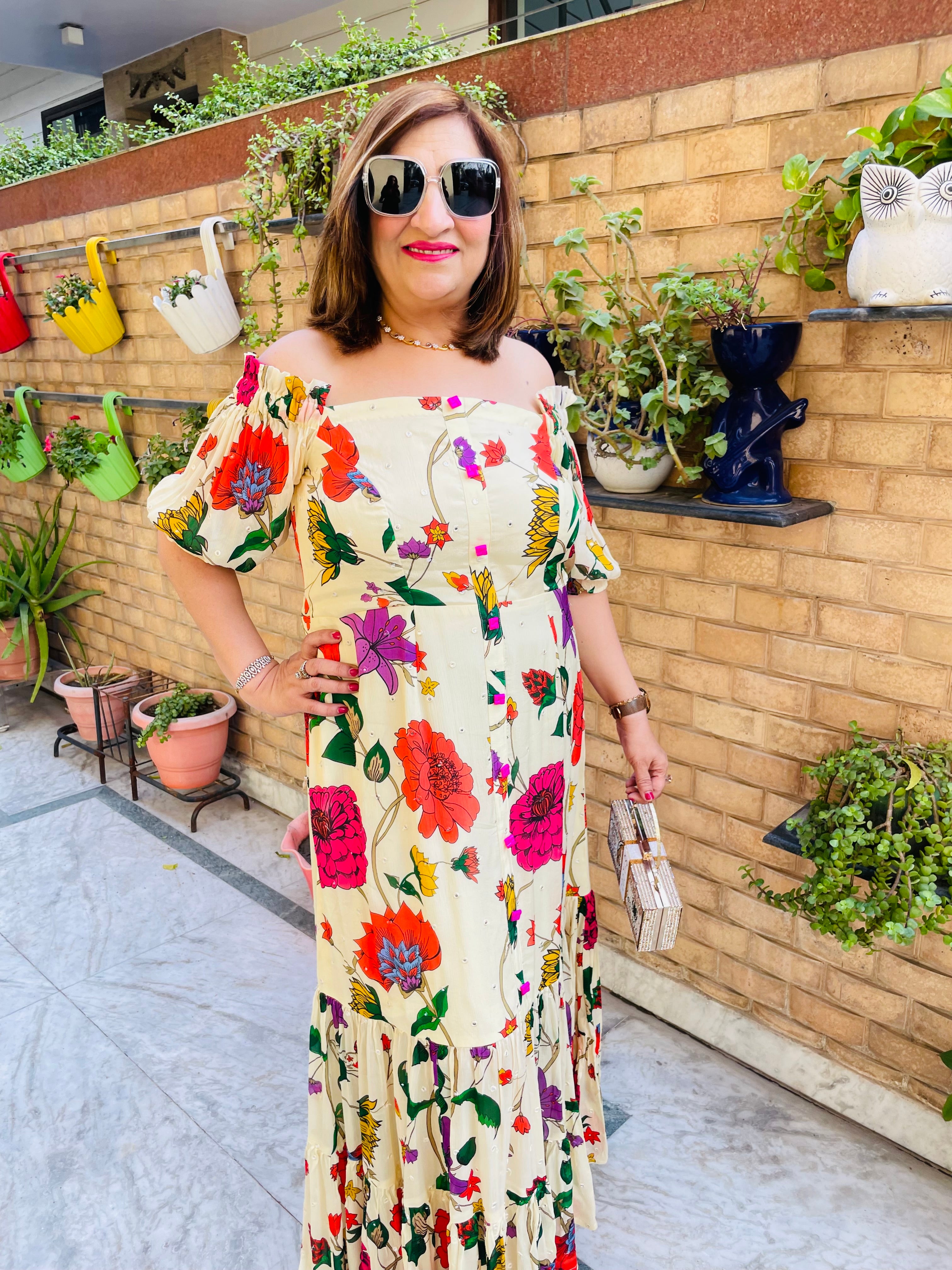 Premium Cream Flower Maxi Dress